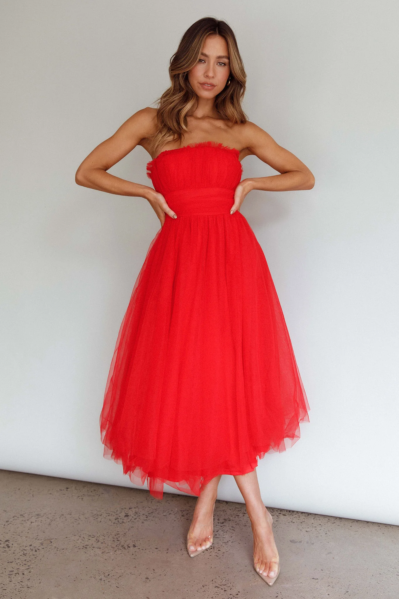 Fayette Strapless Mesh Midi Dress Red - Image 3