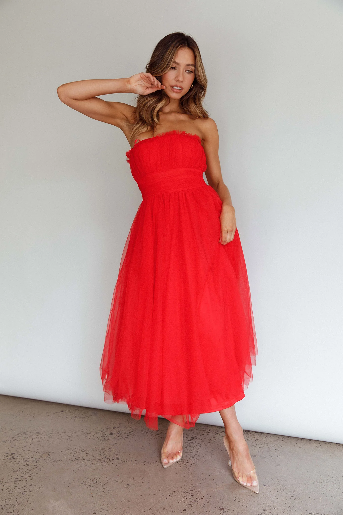 Fayette Strapless Mesh Midi Dress Red - Image 5