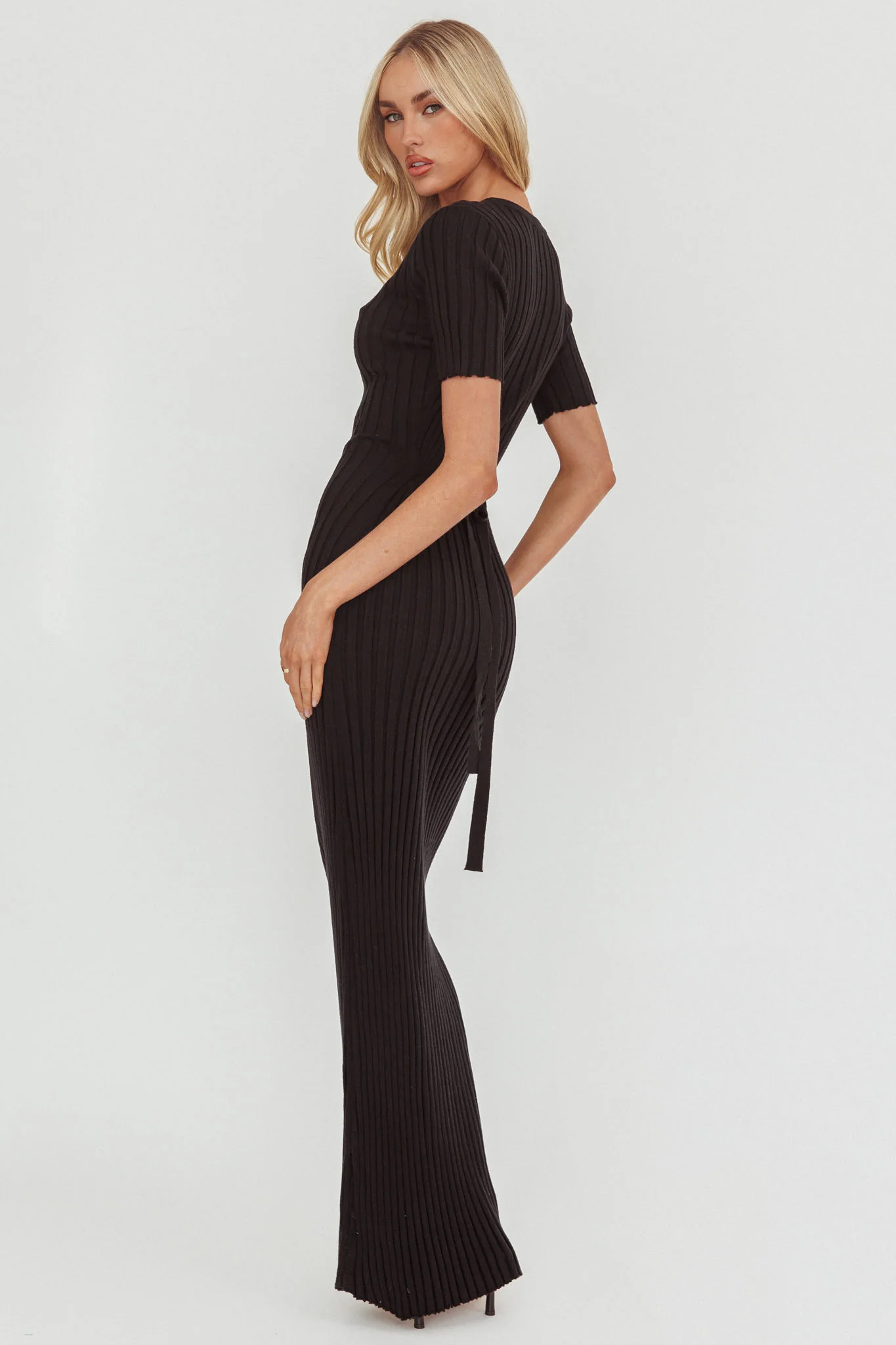 Faylen Waist Tie Ribbed Knit Maxi Dress Black - Image 2