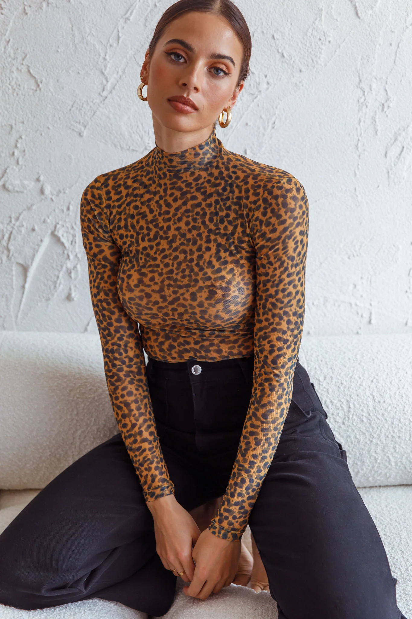 Feelin' It Long Sleeve Turtleneck Sheer Bodysuit Orange Leopard Print - Image 4