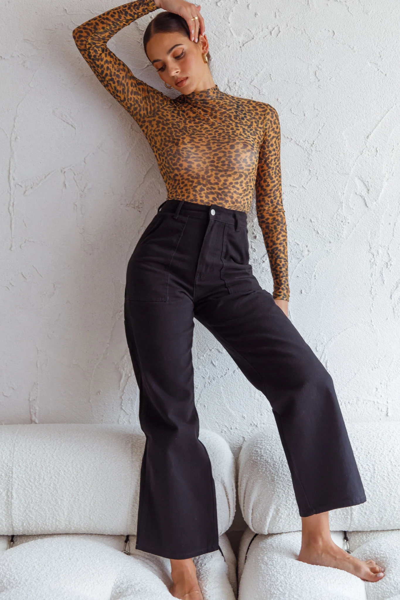 Feelin' It Long Sleeve Turtleneck Sheer Bodysuit Orange Leopard Print - Image 6