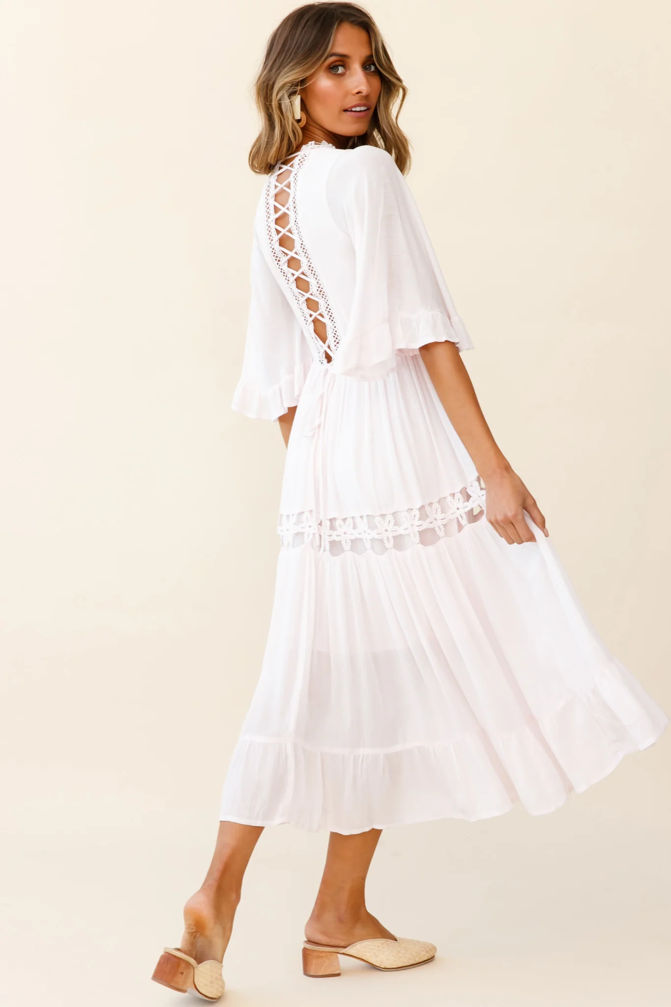 Feeling Groovy Bell Sleeve Crochet Trim Maxi Dress Pink - Image 2