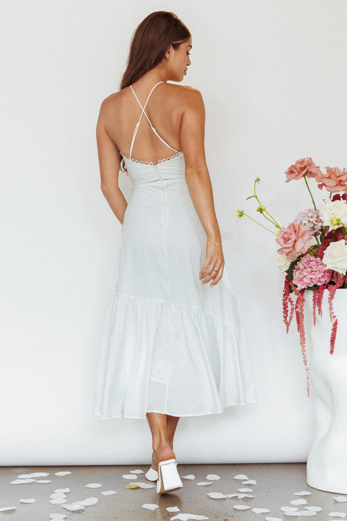 Felini Criss-Cross Back Flounce Midi Dress White - Image 2