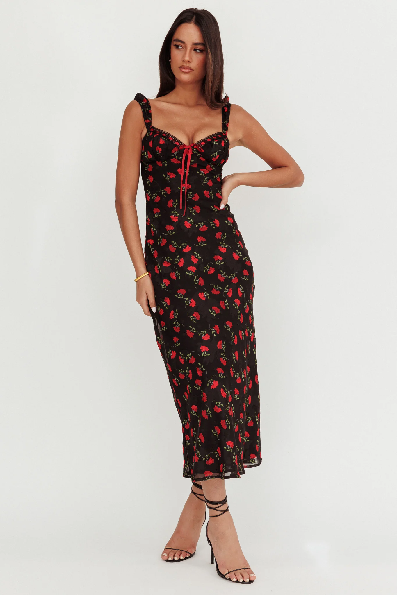Femme Belle Ribbon Trim Maxi Dress Floral Black - Image 6