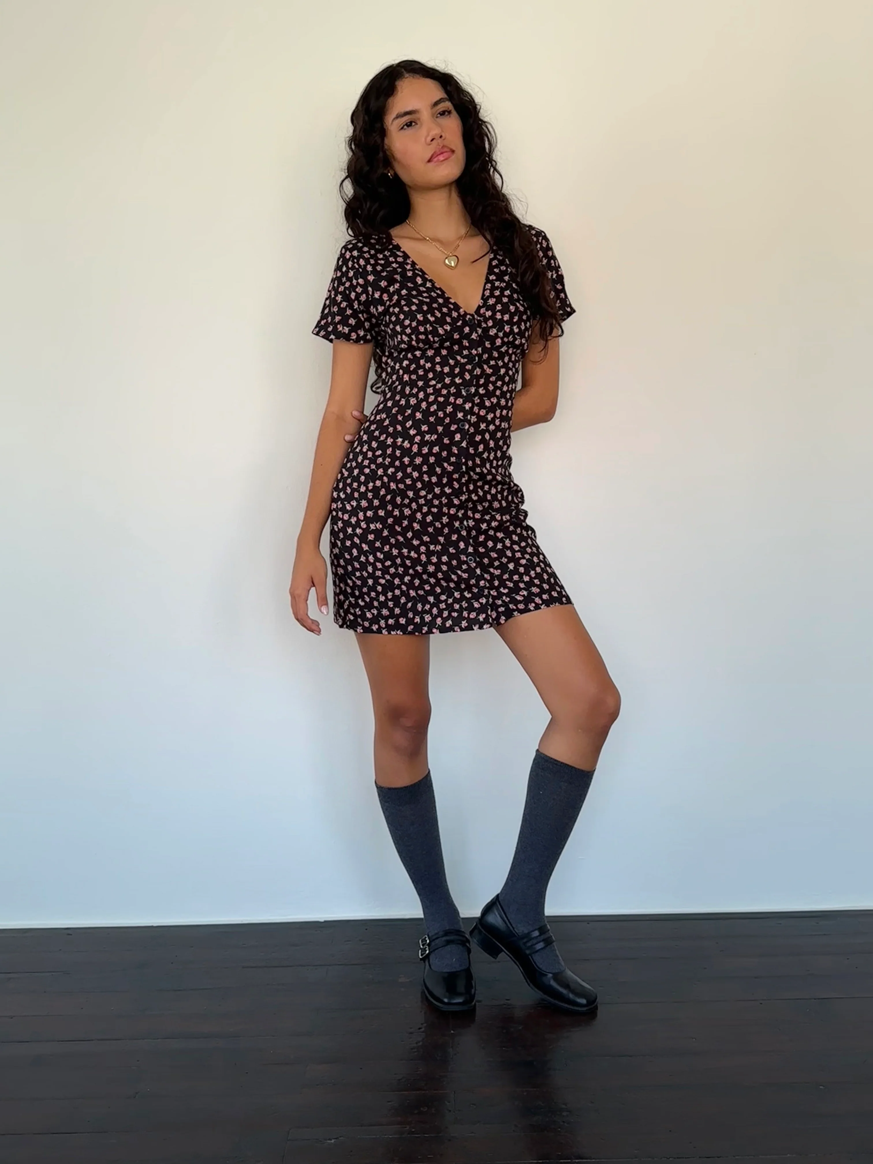 Field Trip Button Front Mini Dress Black Floral - Image 2