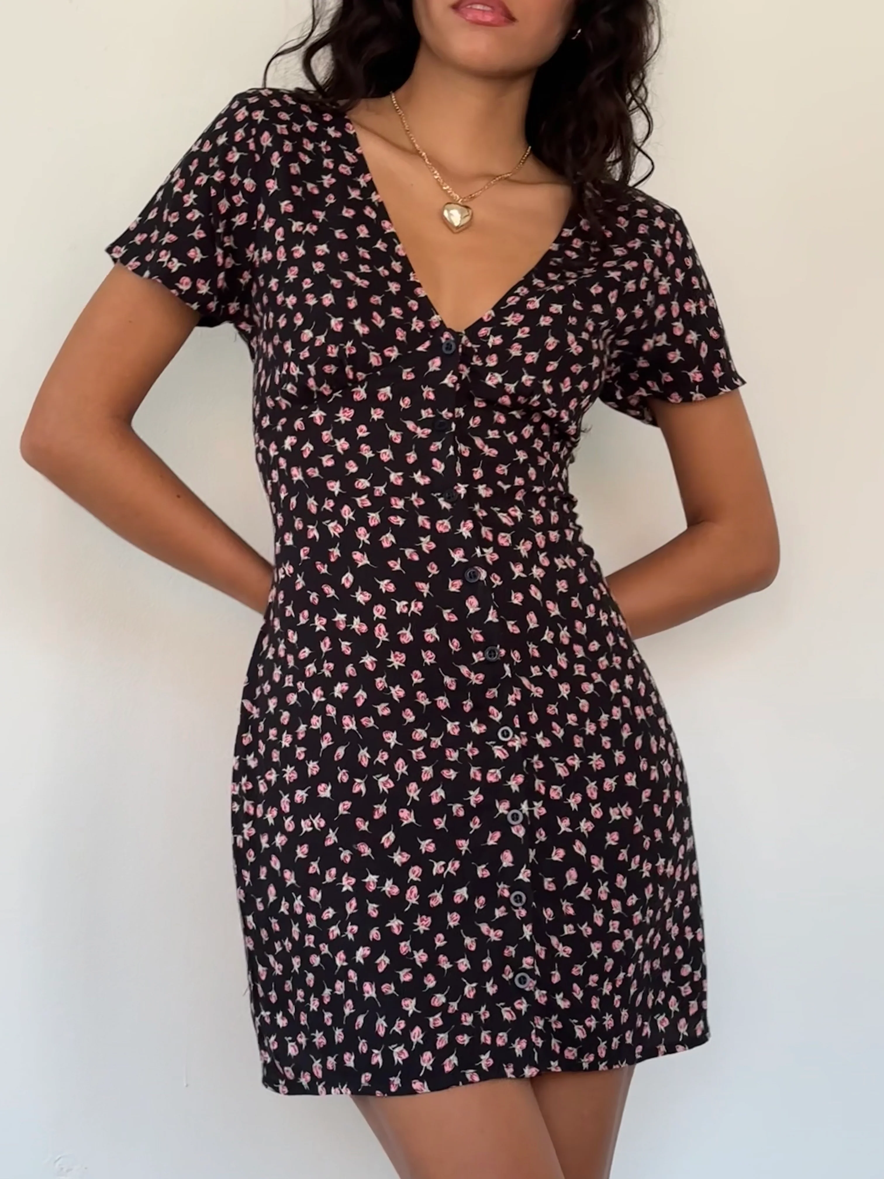 Field Trip Button Front Mini Dress Black Floral - Image 3