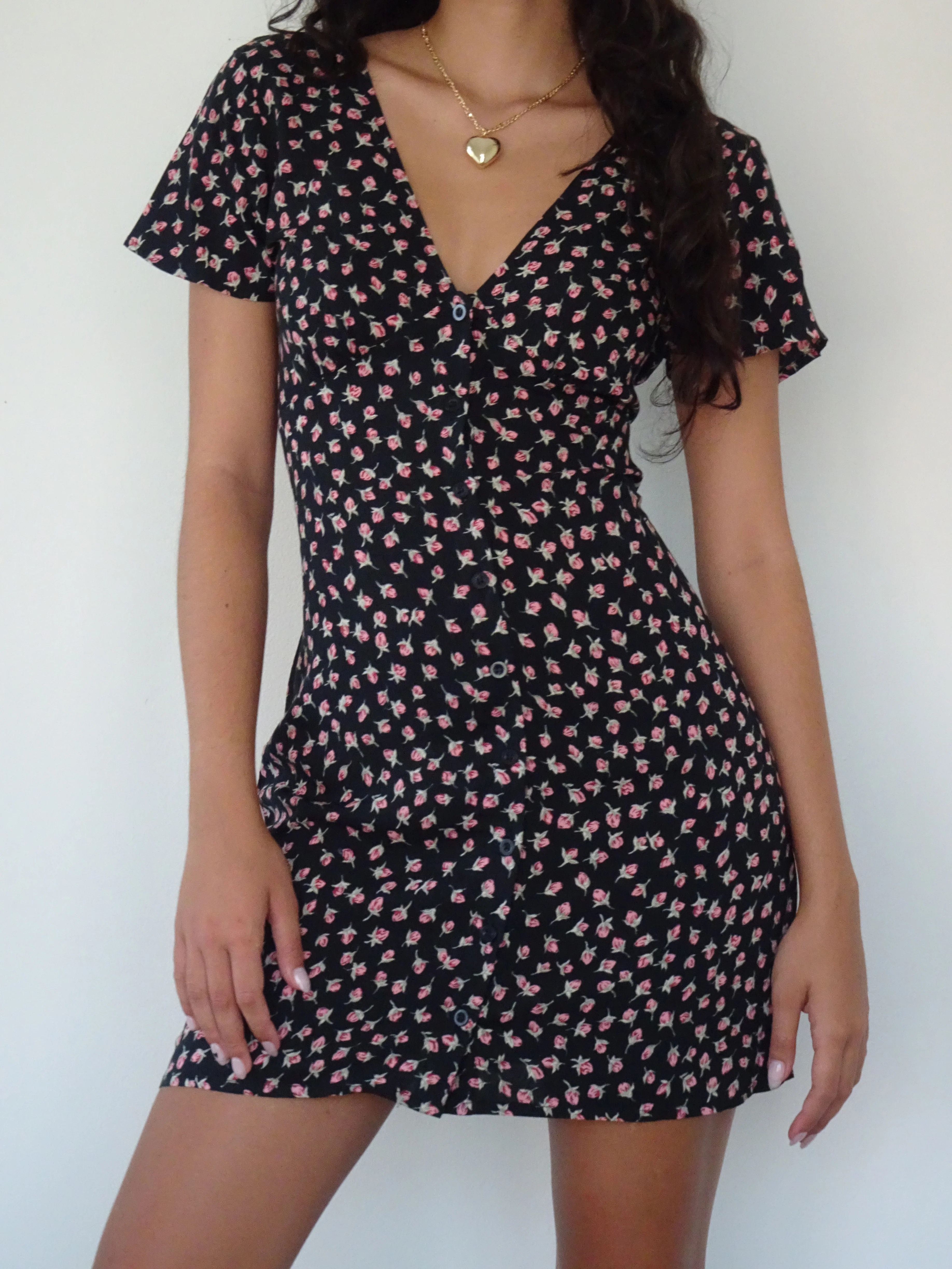 Field Trip Button Front Mini Dress Black Floral - Image 4