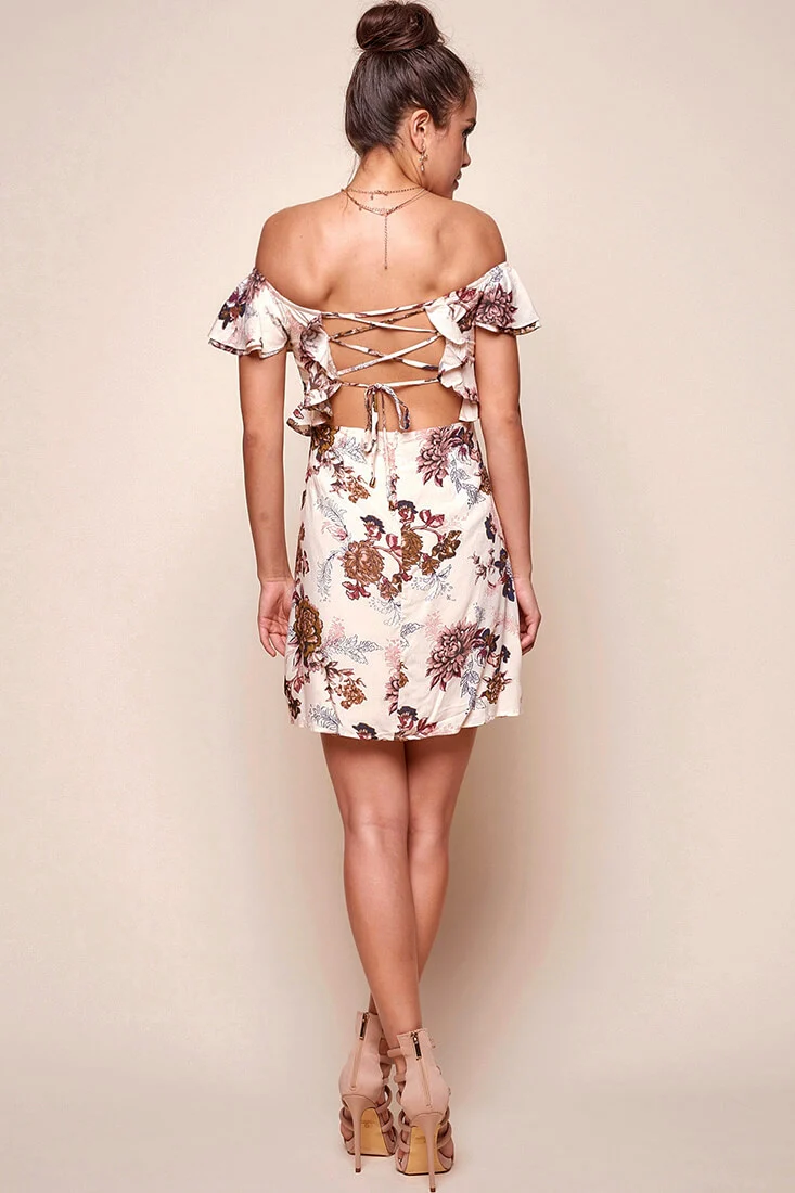 Finn Fitted Floral Mini Dress Mocha - Image 4