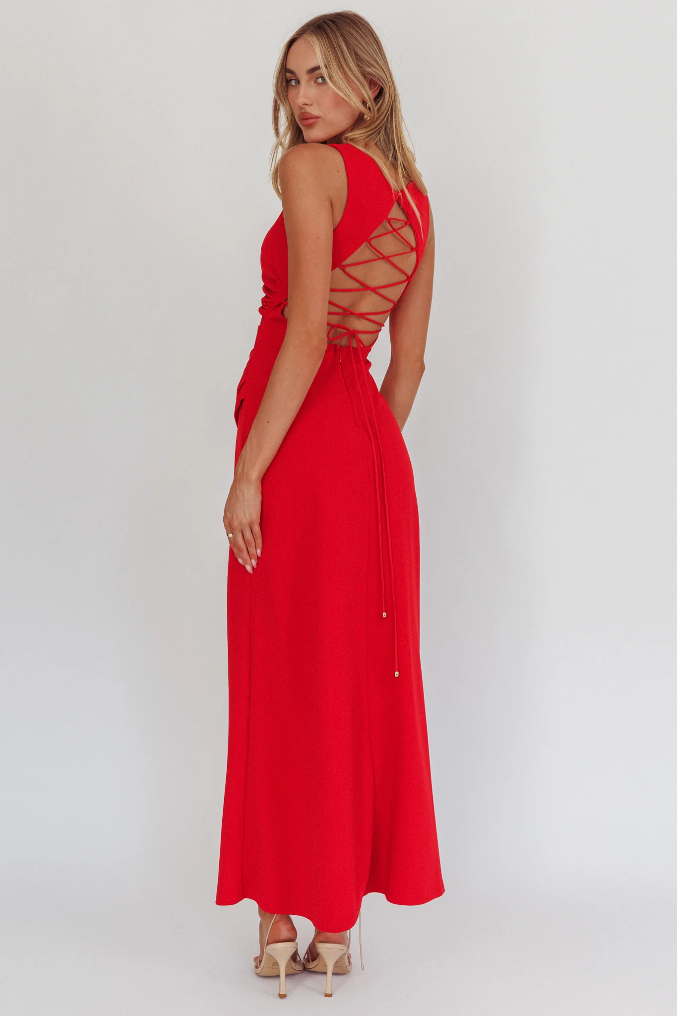 Firelights Lace-Up Back Maxi Dress Red - Image 3