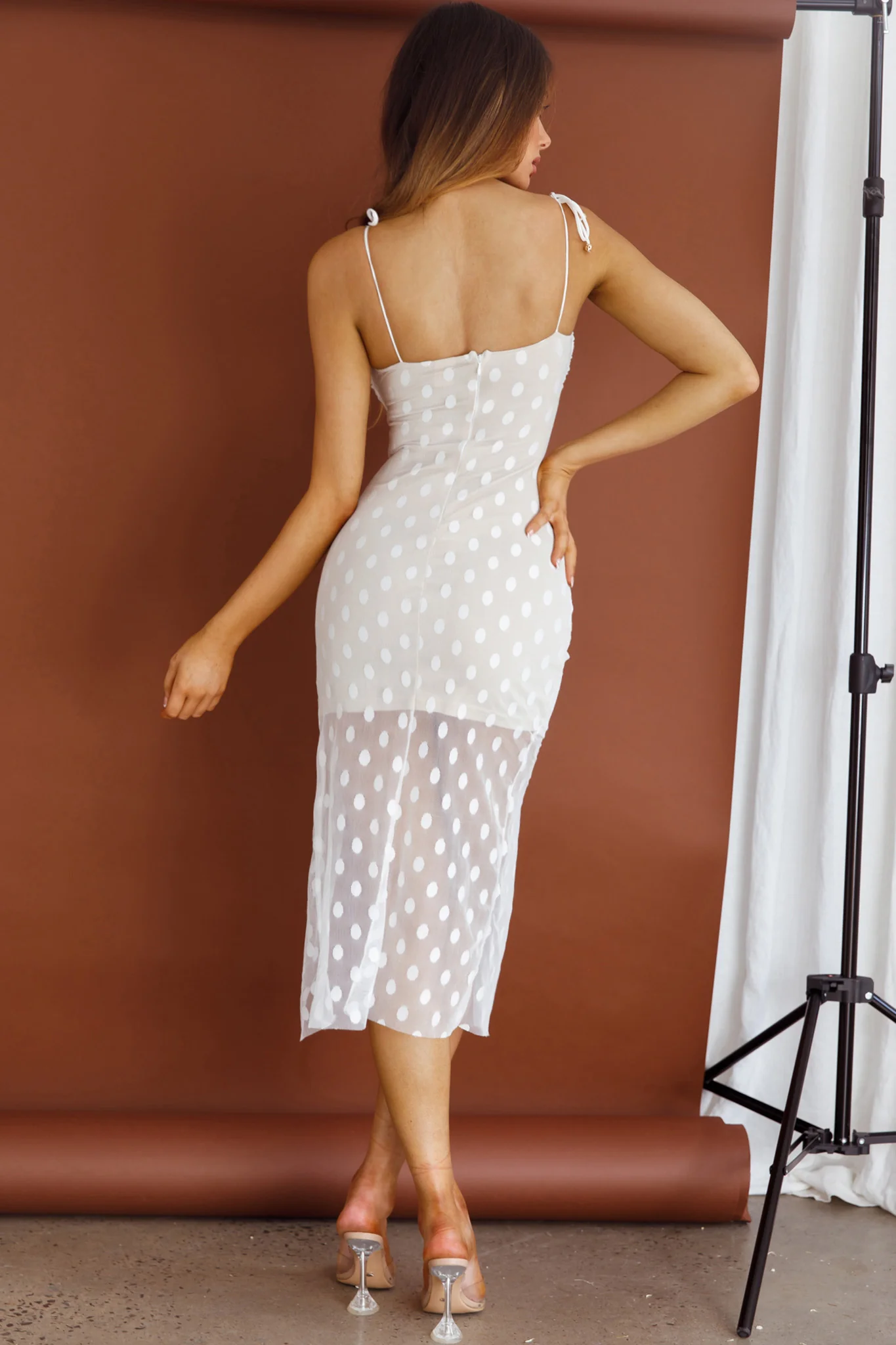 First Avenue Tied Strap Mesh Midi Dress Polka Dot White - Image 2