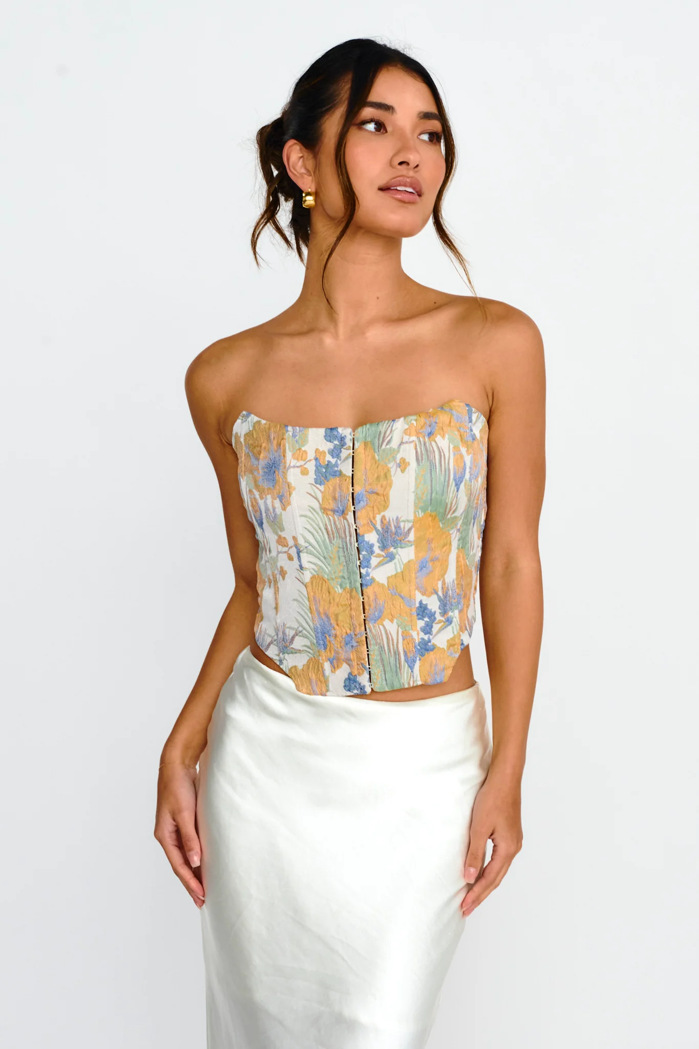 First Date Feels Corset Crop Top Floral Tan - Image 5