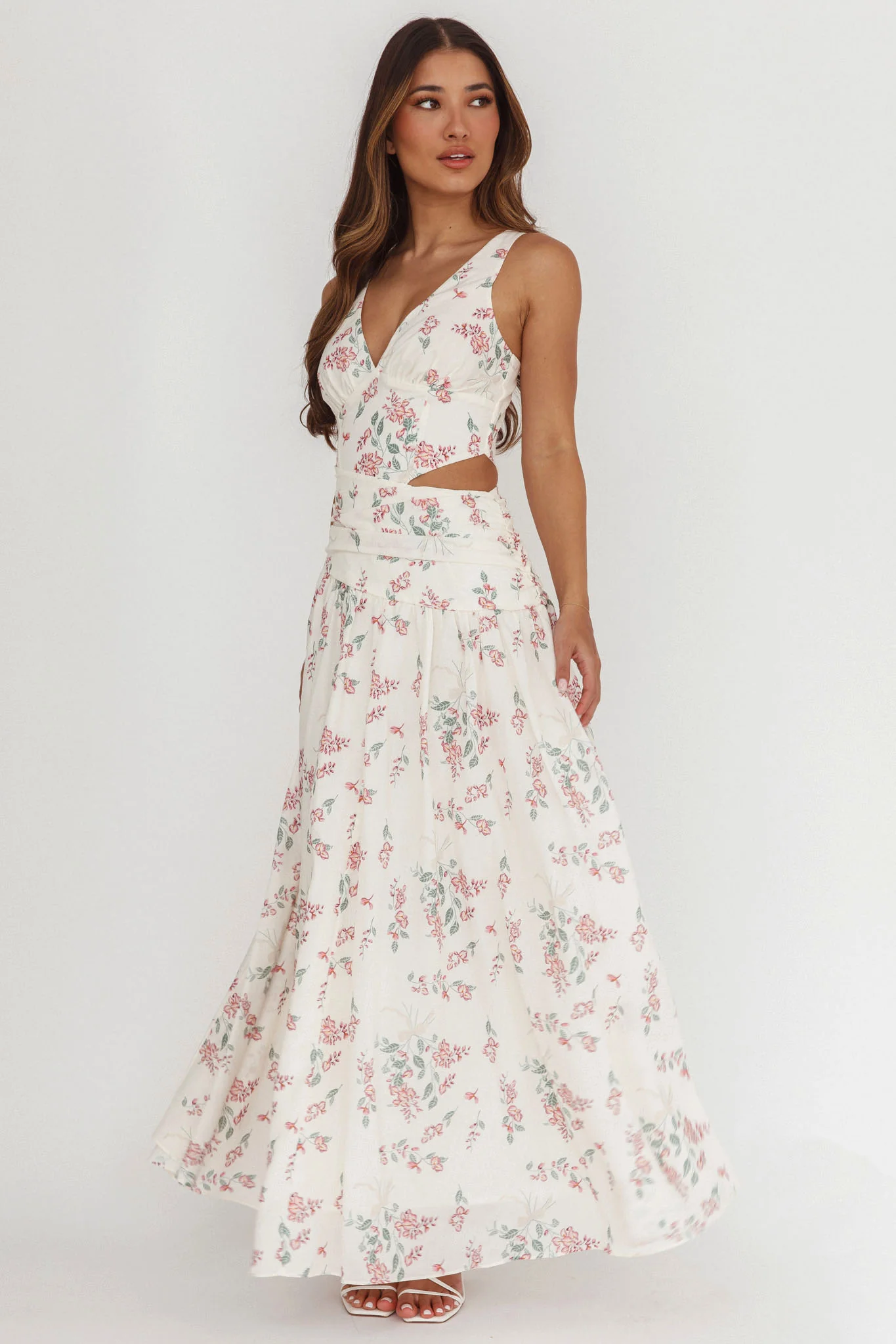 First Dates Waist Cut-Out Maxi Dress Floral Cream/Pink - Image 2