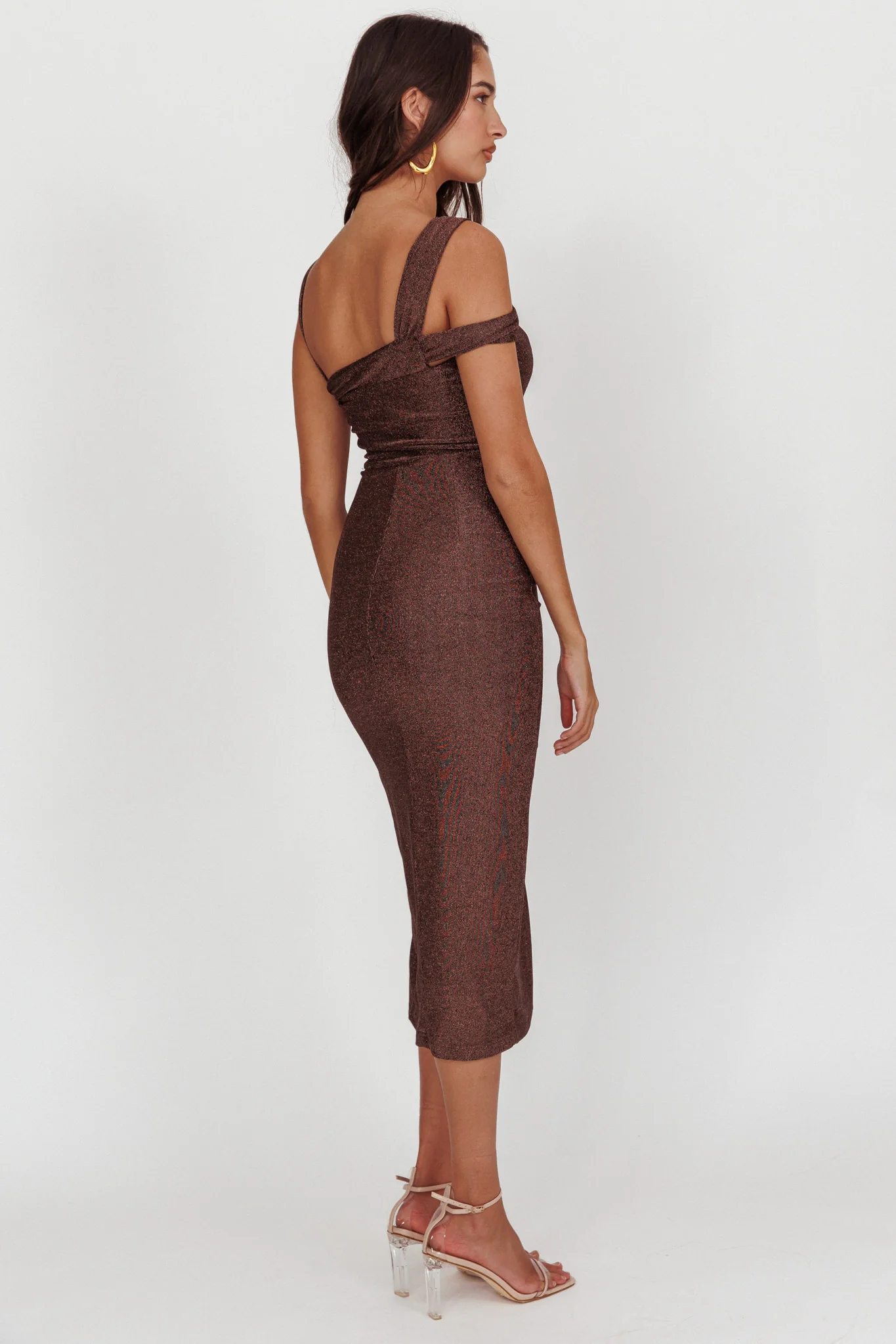 First Impressions One Shoulder Midi Dress Chocolate - Image 3