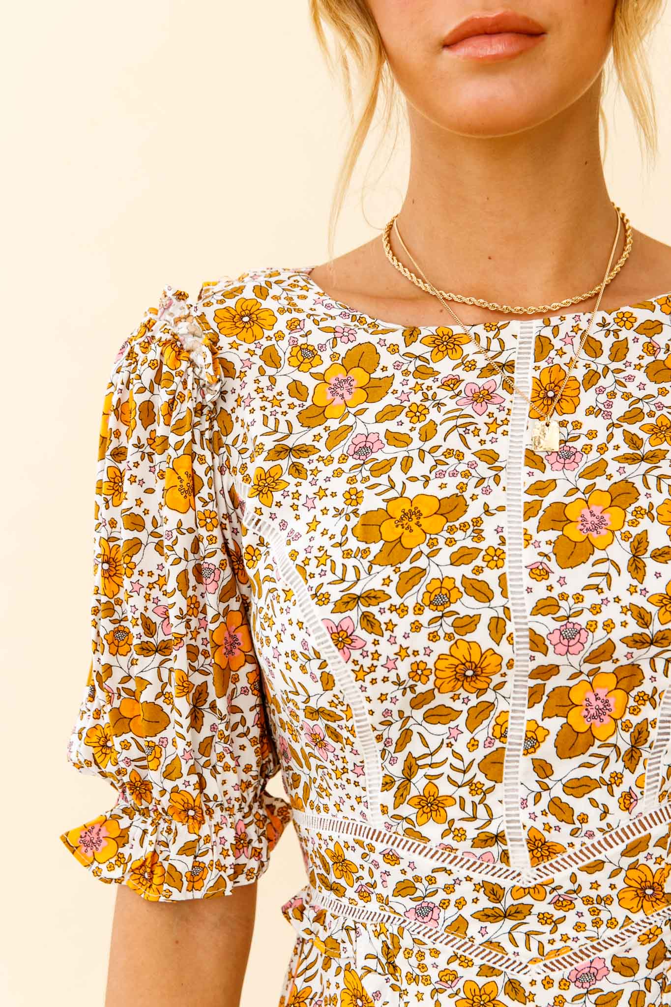 First Impressions Puff Sleeve Keyhole Back Dress Floral Print White/Yellow - Image 4