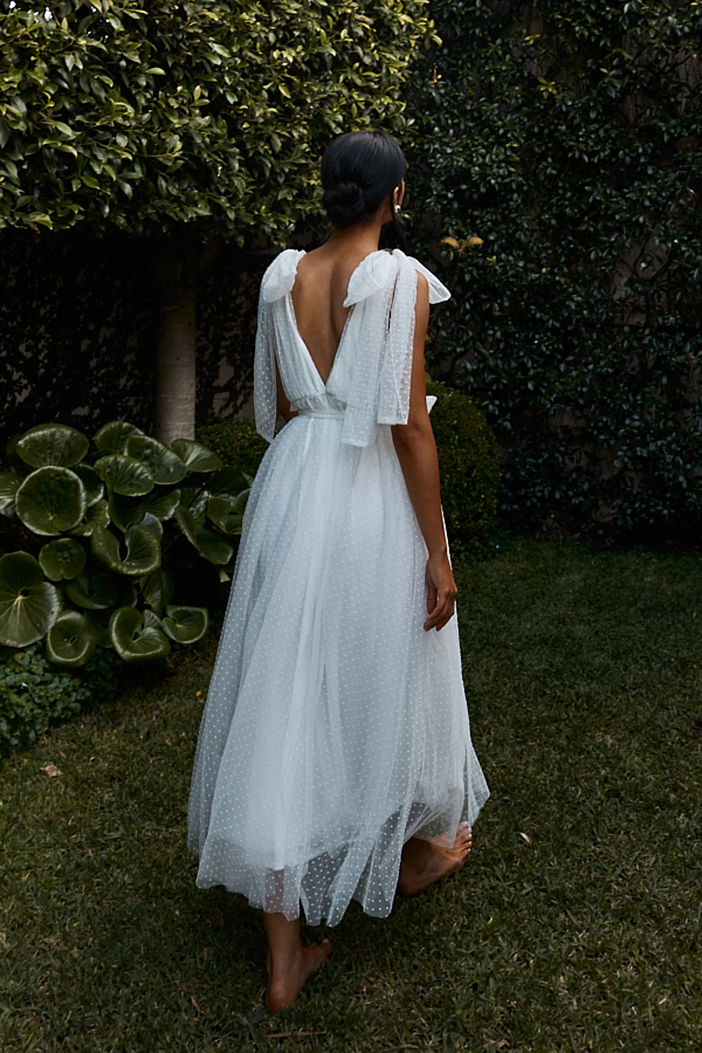 First Waltz Bow Shoulder Hail Spot Midi Dress Off White - Image 3