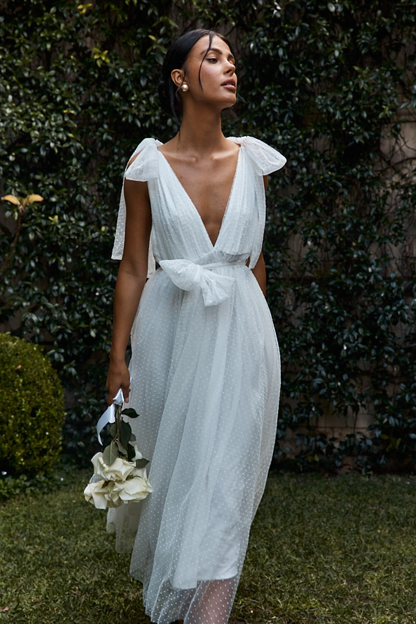 First Waltz Bow Shoulder Hail Spot Midi Dress Off White - Image 6