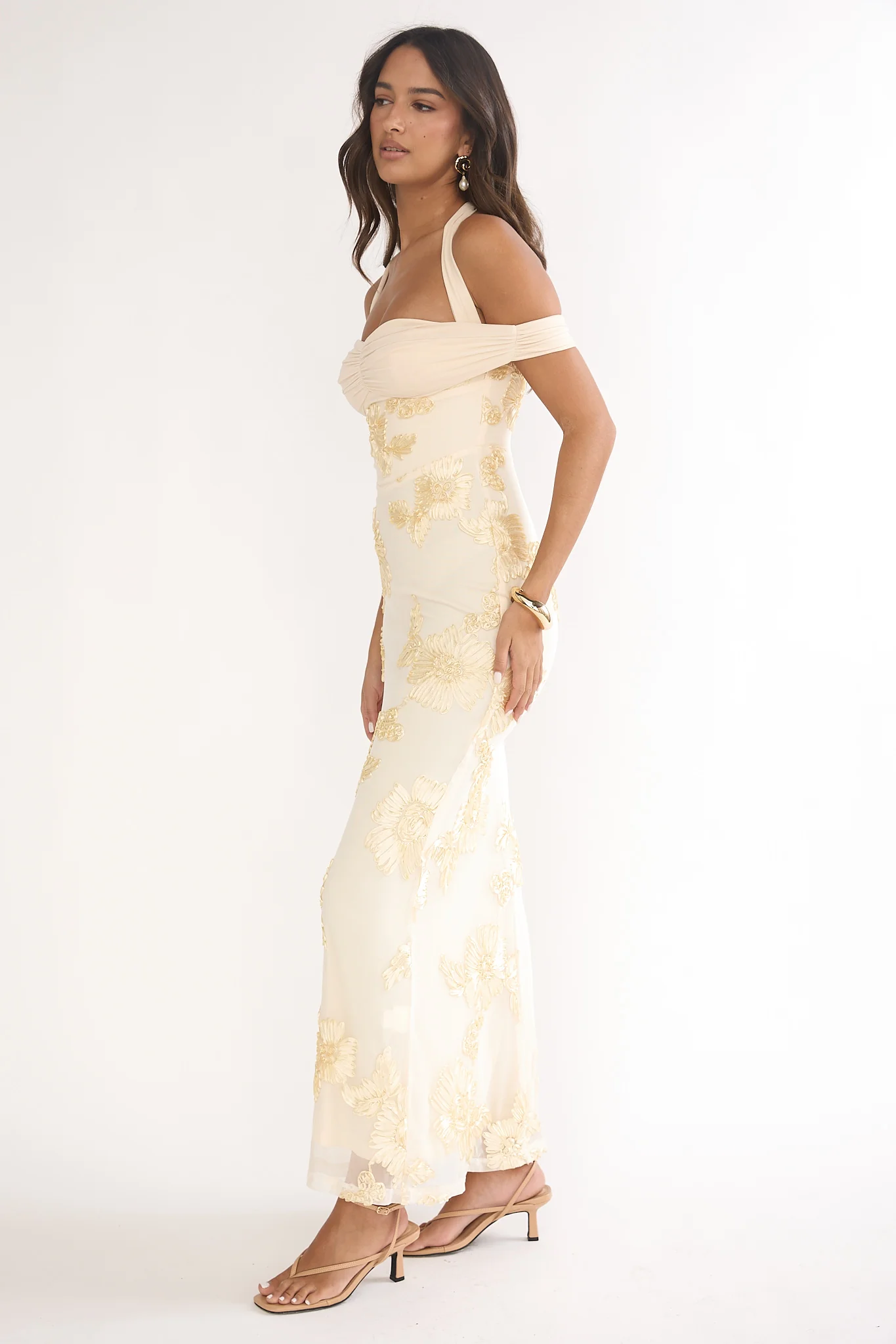 Fleurie Halter Off-Shoulder Maxi Dress Embellished Yellow - Image 6