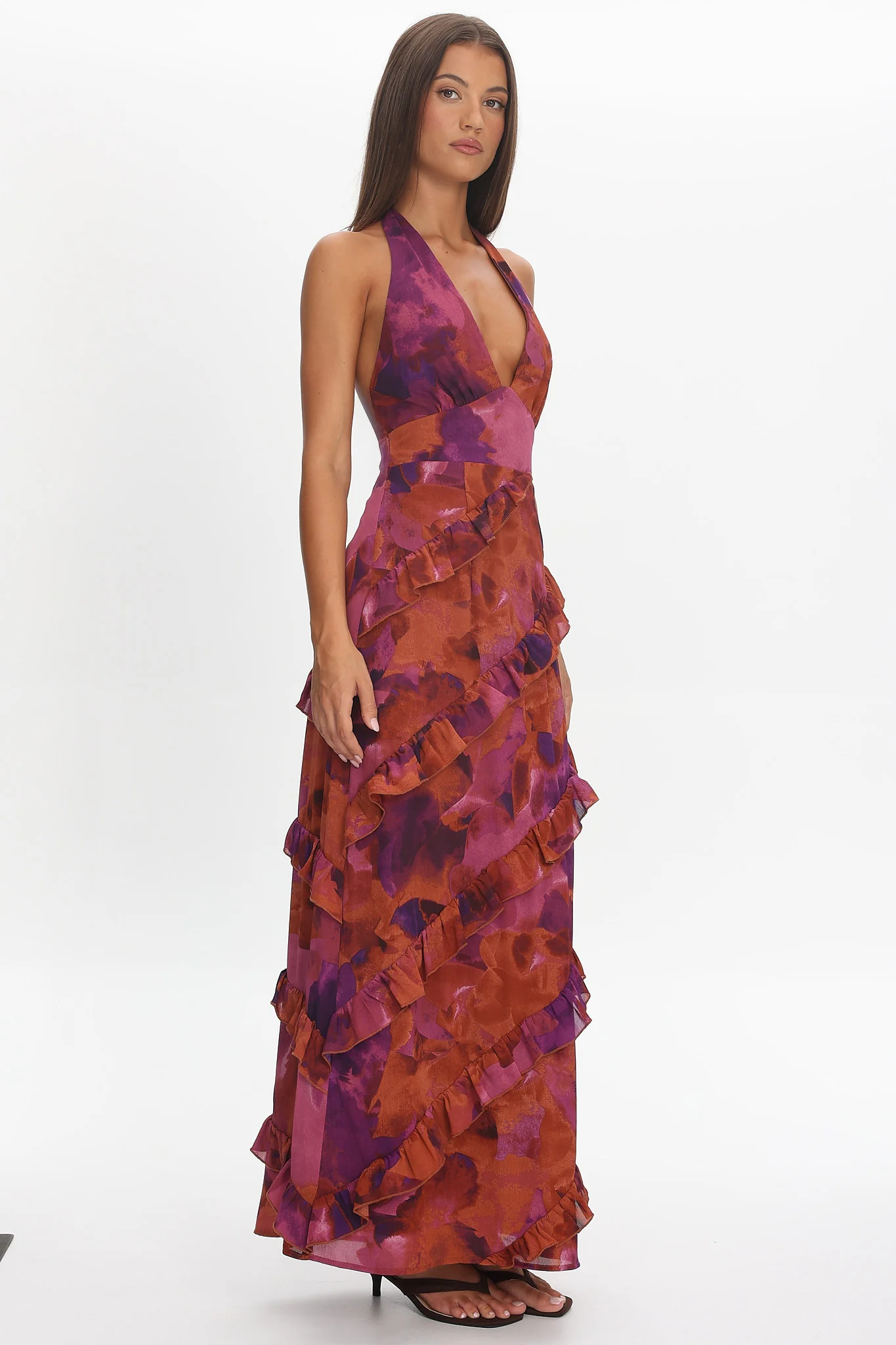 Flirt Frill Trim Halter Maxi Dress Dark Rose - Image 4