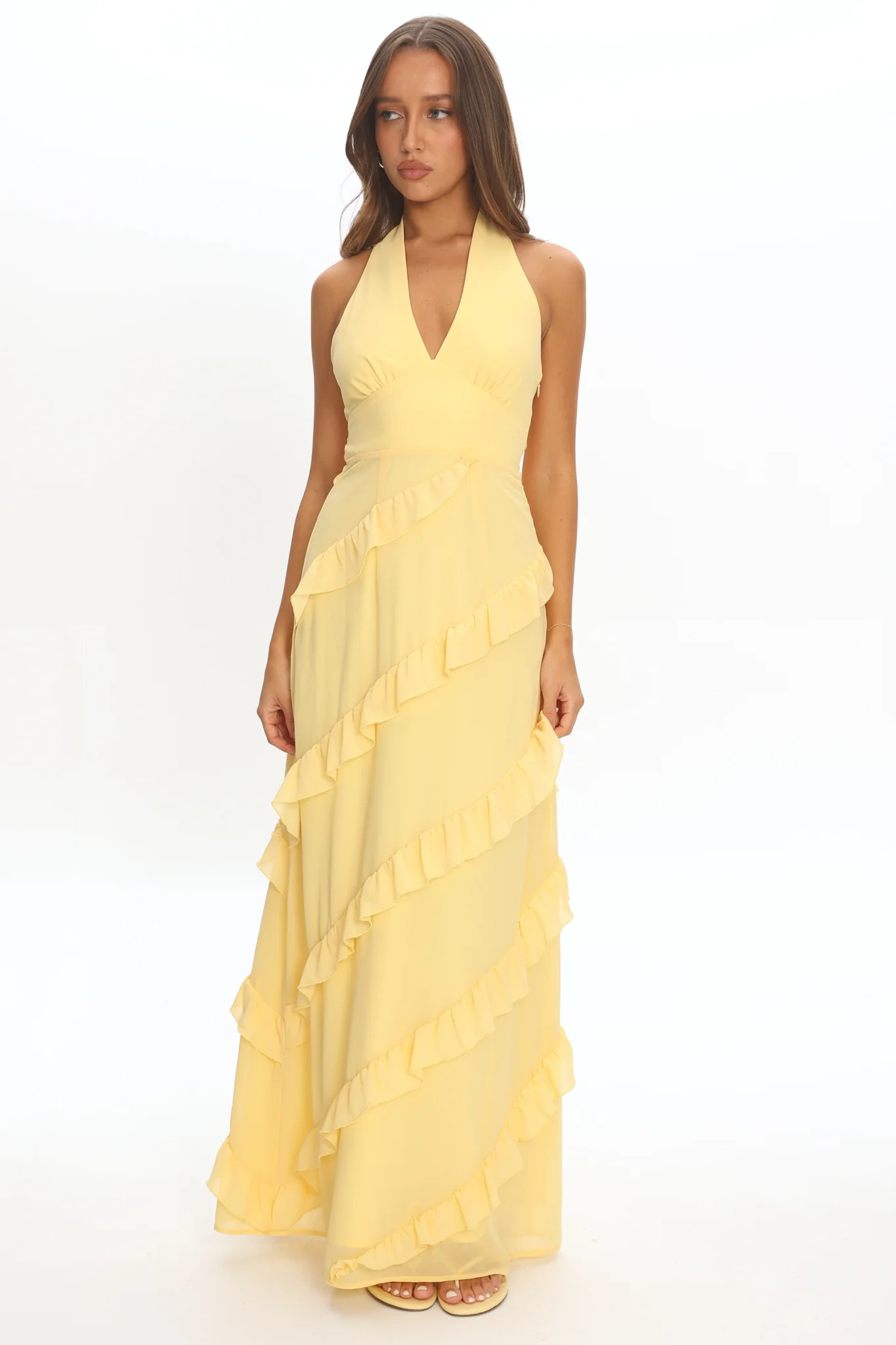 Flirt Frill Trim Halter Maxi Dress Lemon - Image 2