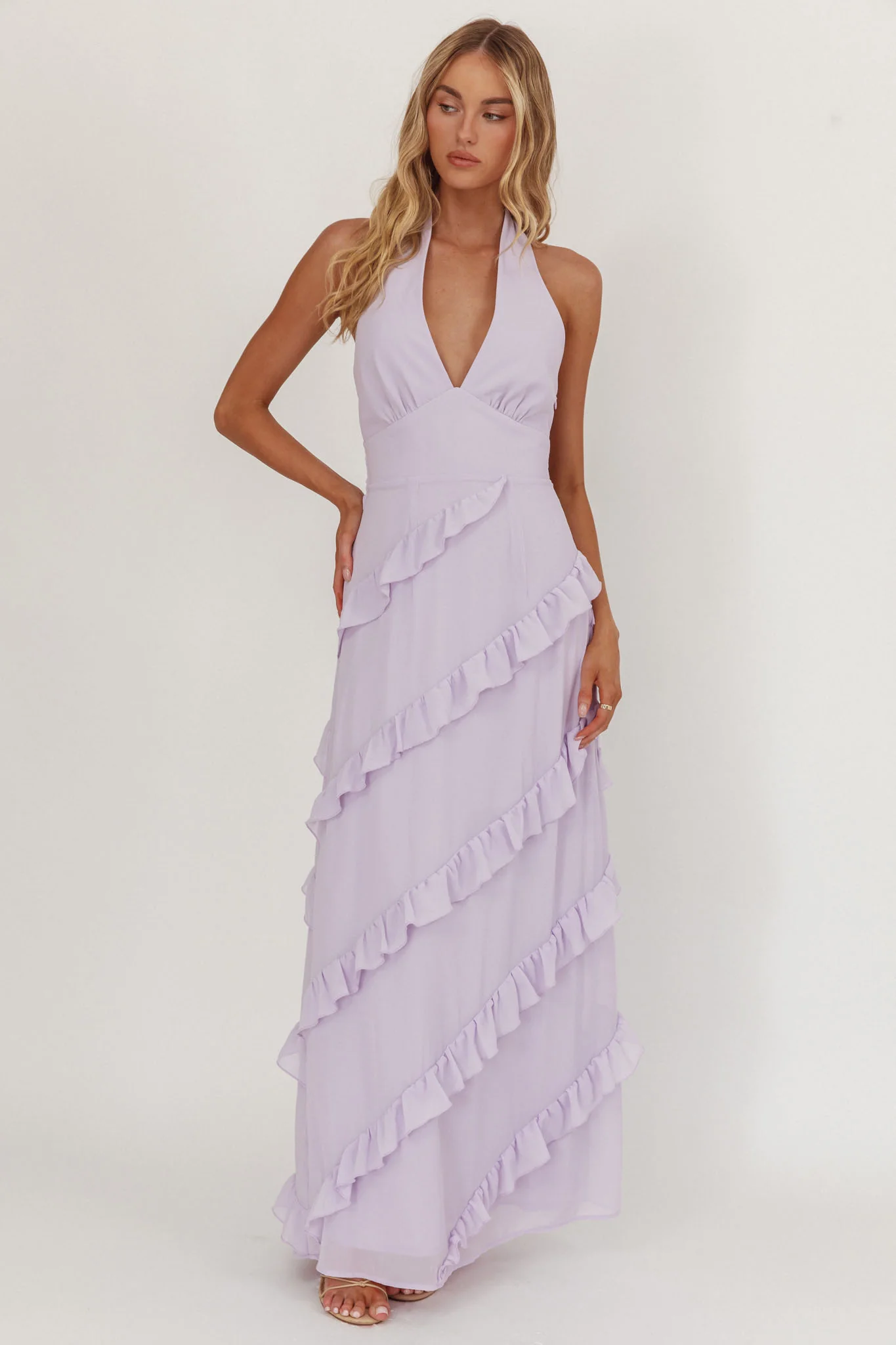 Flirt Frill Trim Halter Maxi Dress Lilac - Image 5