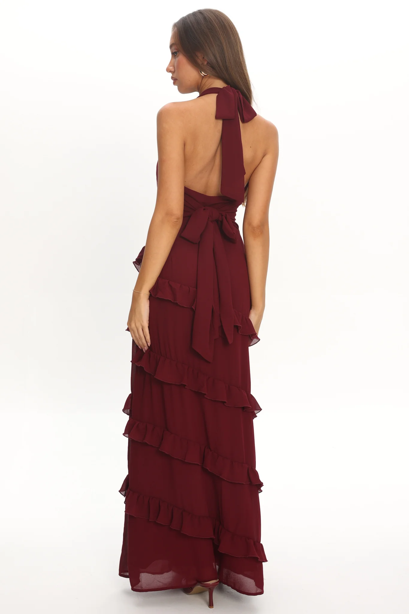 Flirt Frill Trim Halter Maxi Dress Wine - Image 4