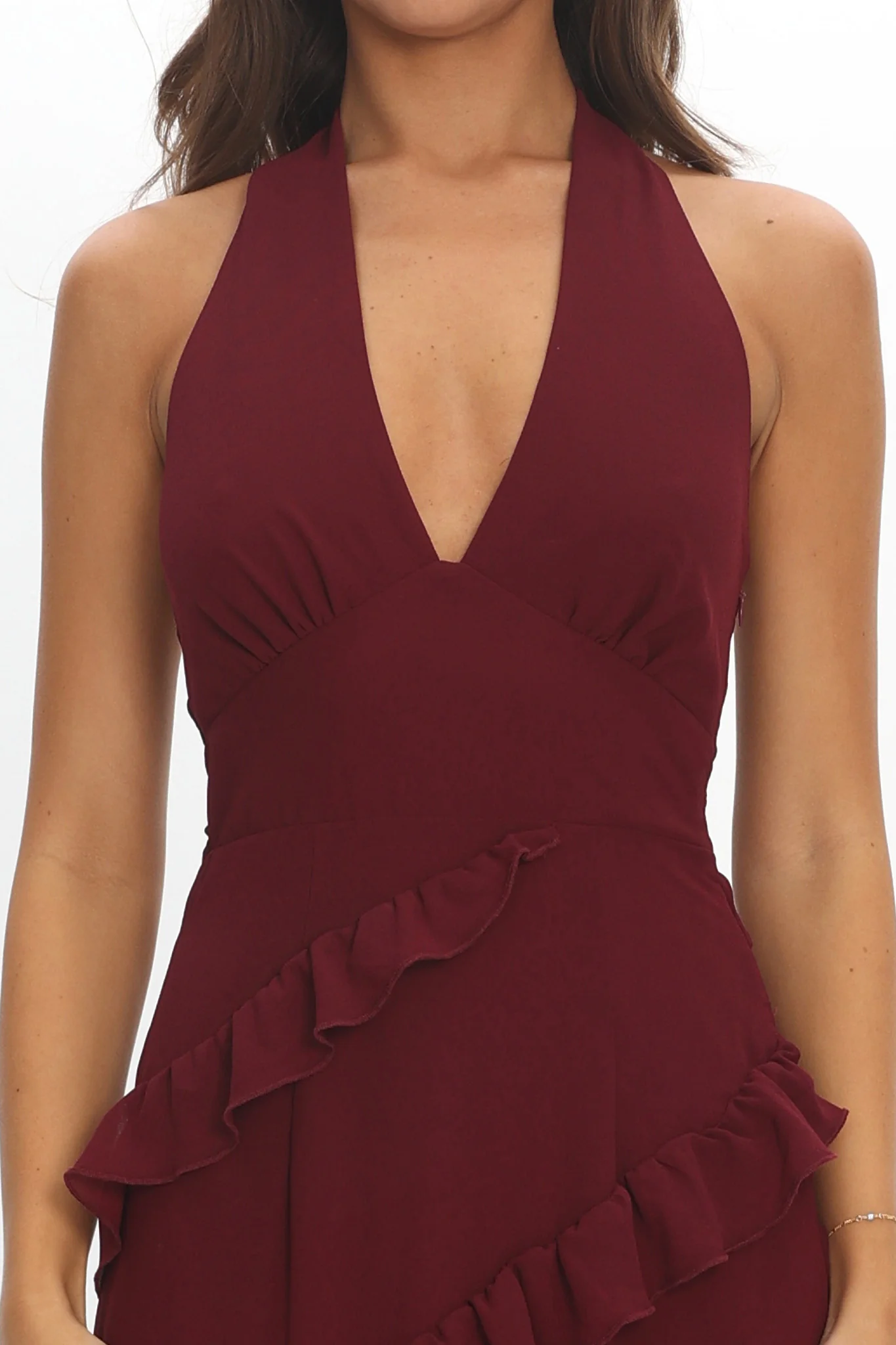 Flirt Frill Trim Halter Maxi Dress Wine - Image 5