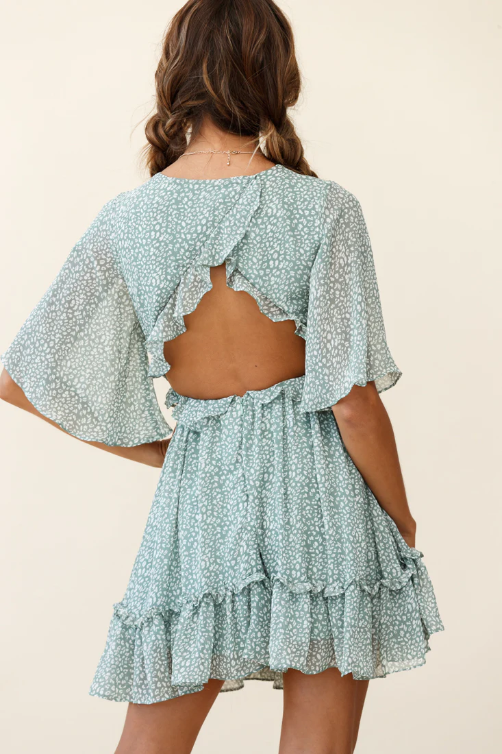 Flissy Angel Sleeve Cut-Out Babydoll Dress Speckle Print Olive - Image 2