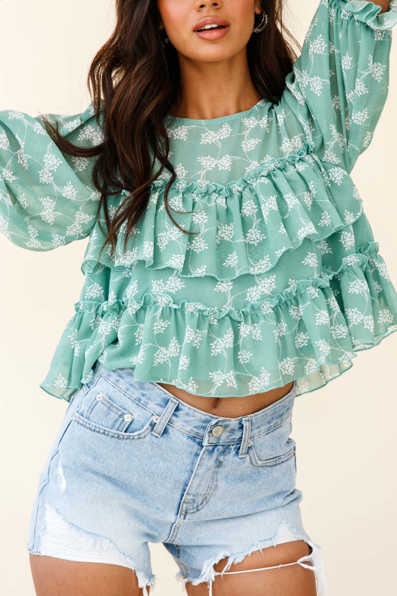 Float On By Layered Ruffle Crop Top Leaf Print Green - Image 5