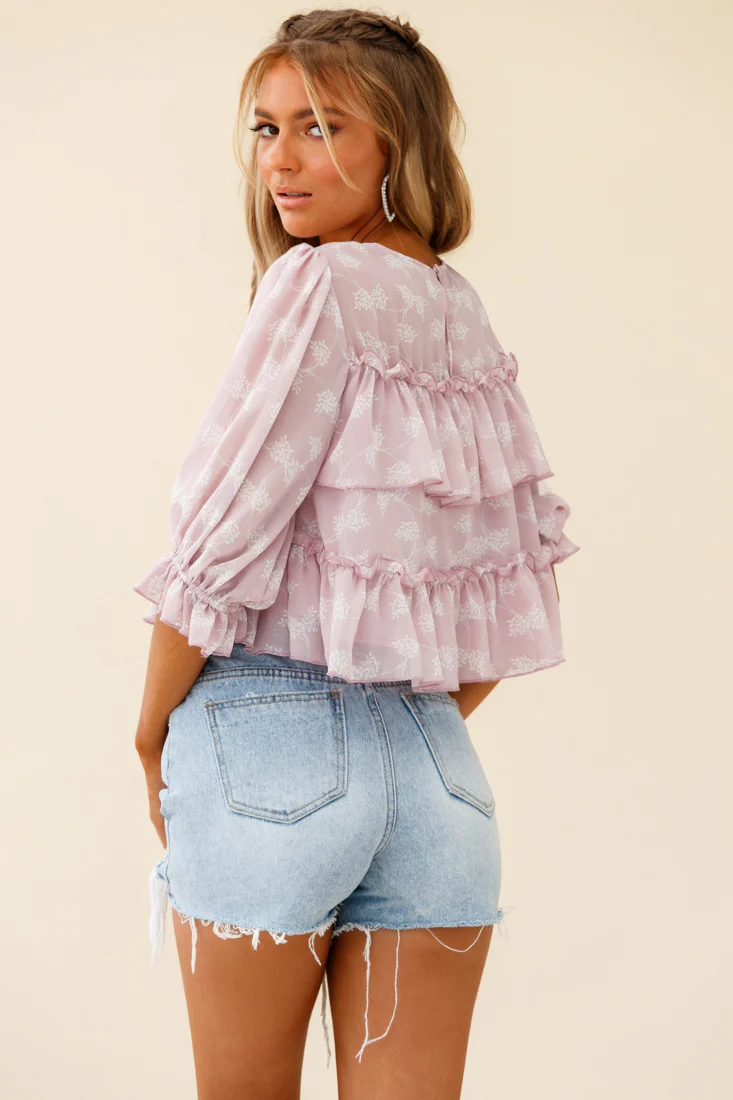Float On By Layered Ruffle Crop Top Leaf Print Pink - Image 2