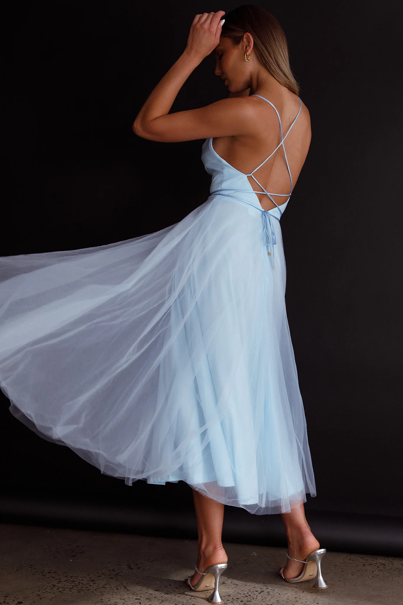 Floating By Pleated Neckline Mesh Midi Dress Blue - Image 2