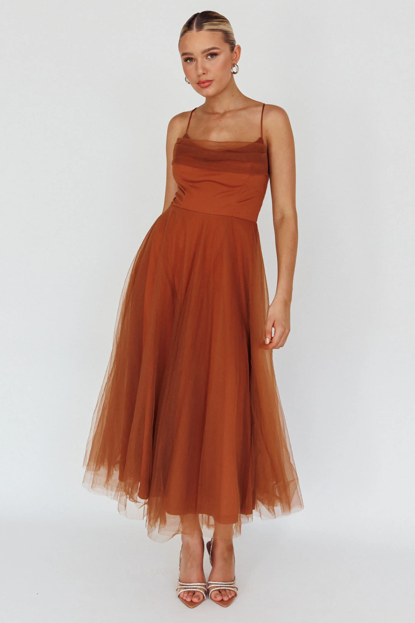 Floating By Pleated Neckline Mesh Midi Dress Brown - Image 3