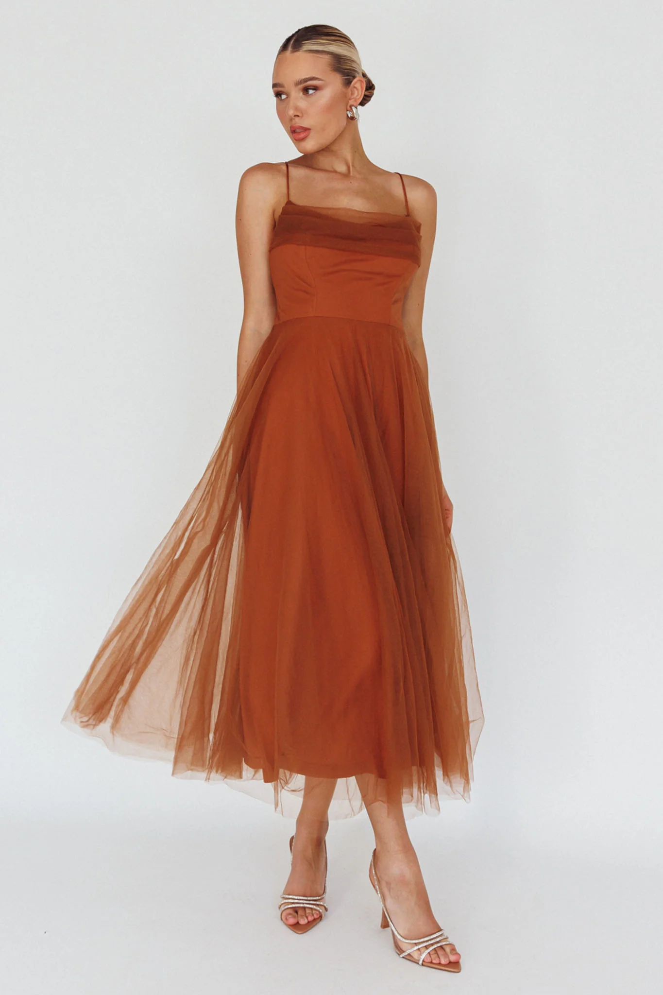 Floating By Pleated Neckline Mesh Midi Dress Brown - Image 5