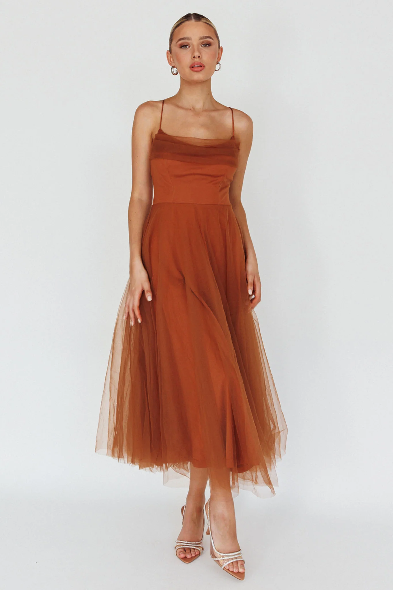 Floating By Pleated Neckline Mesh Midi Dress Brown - Image 7