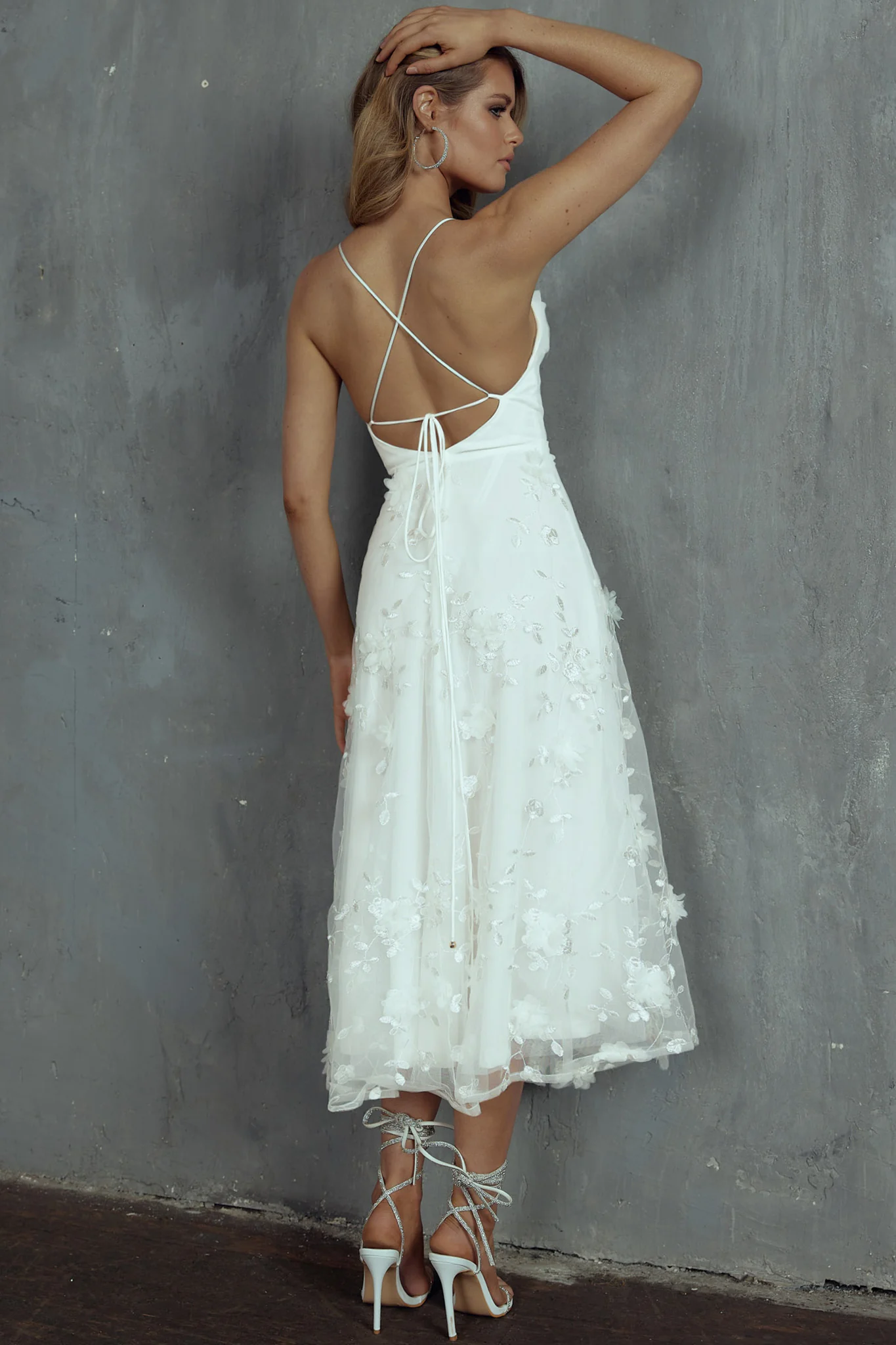 Floating By Pleated Neckline Mesh Midi Dress Embellished White - Image 2