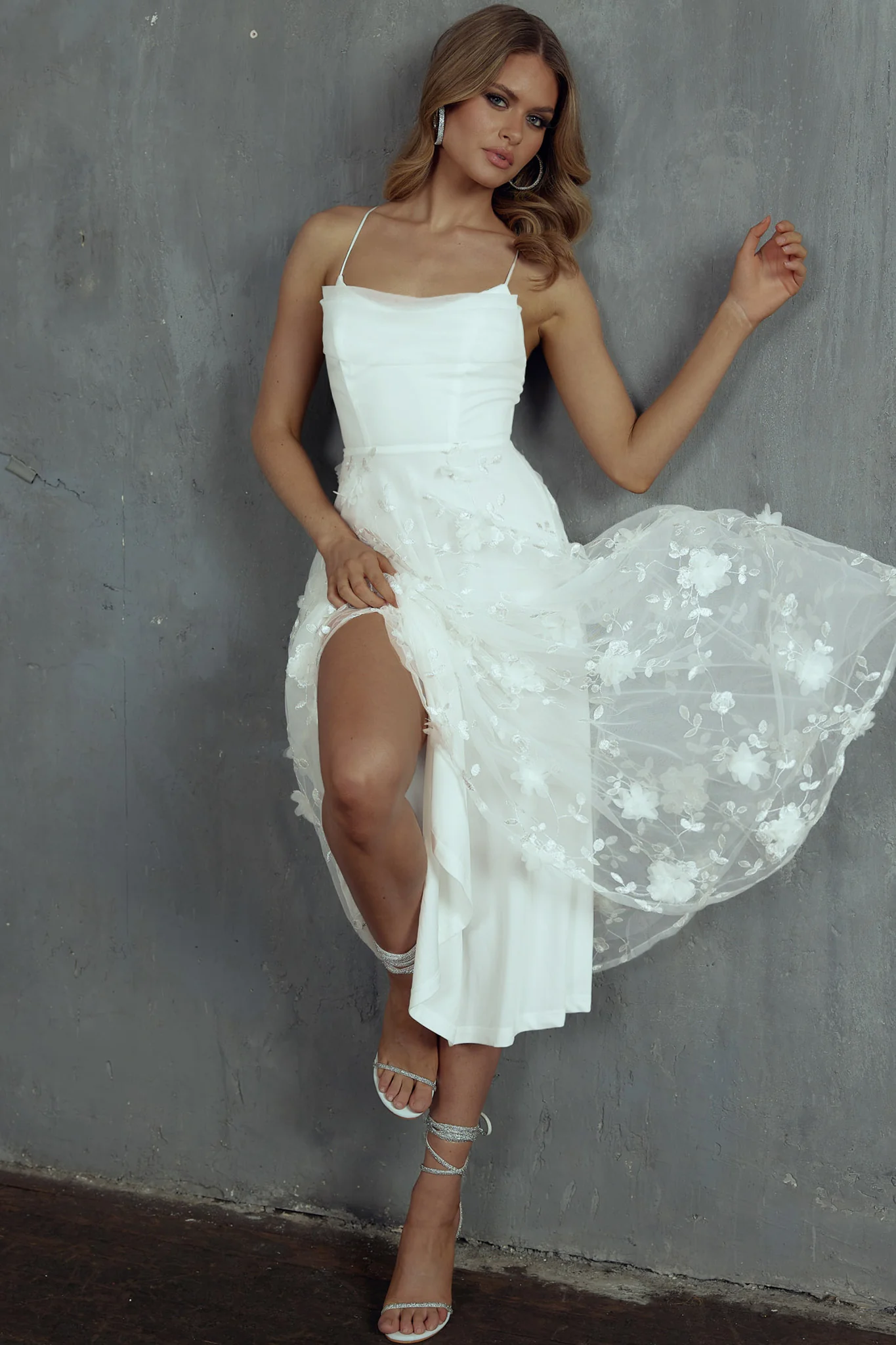 Floating By Pleated Neckline Mesh Midi Dress Embellished White - Image 3