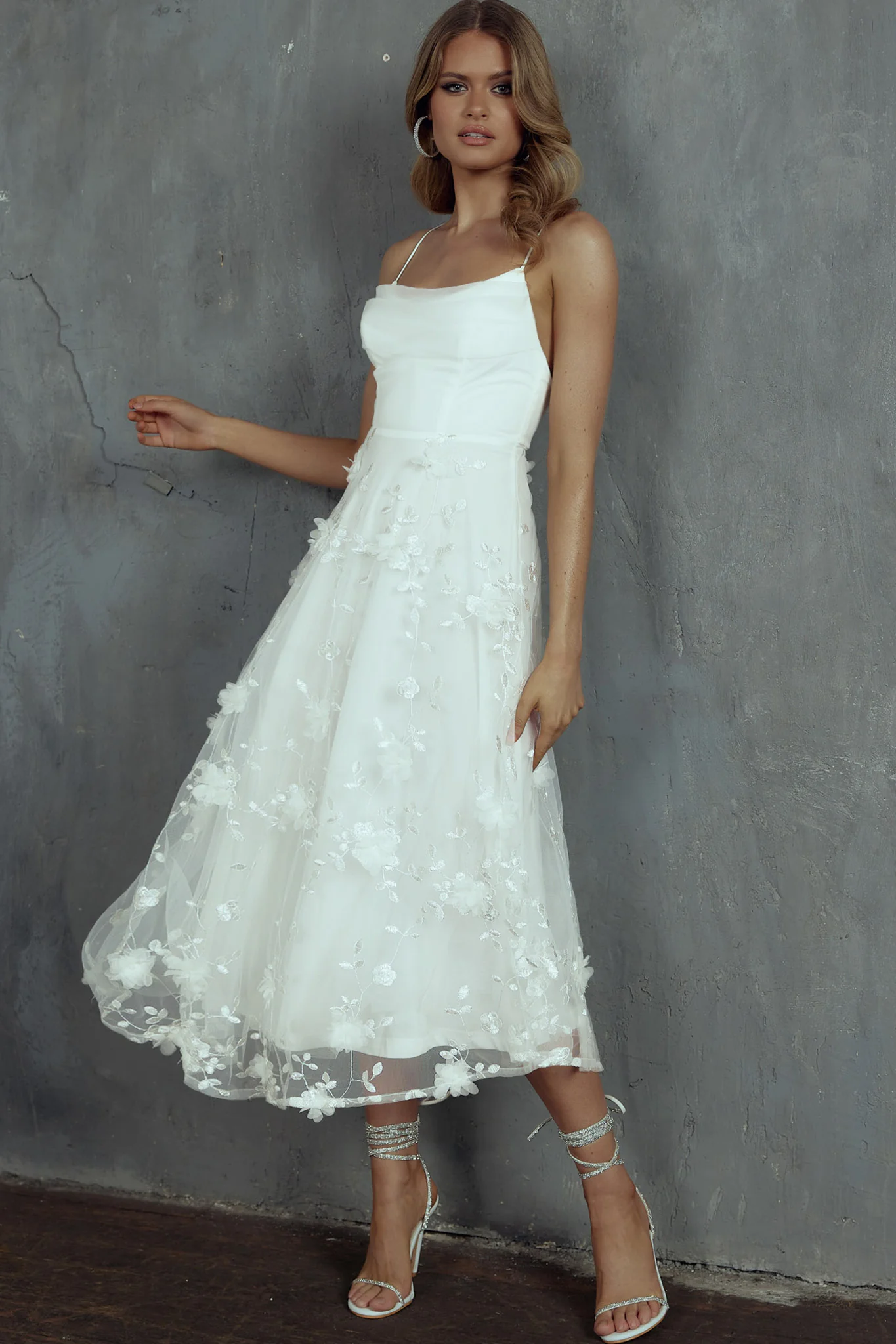 Floating By Pleated Neckline Mesh Midi Dress Embellished White - Image 4
