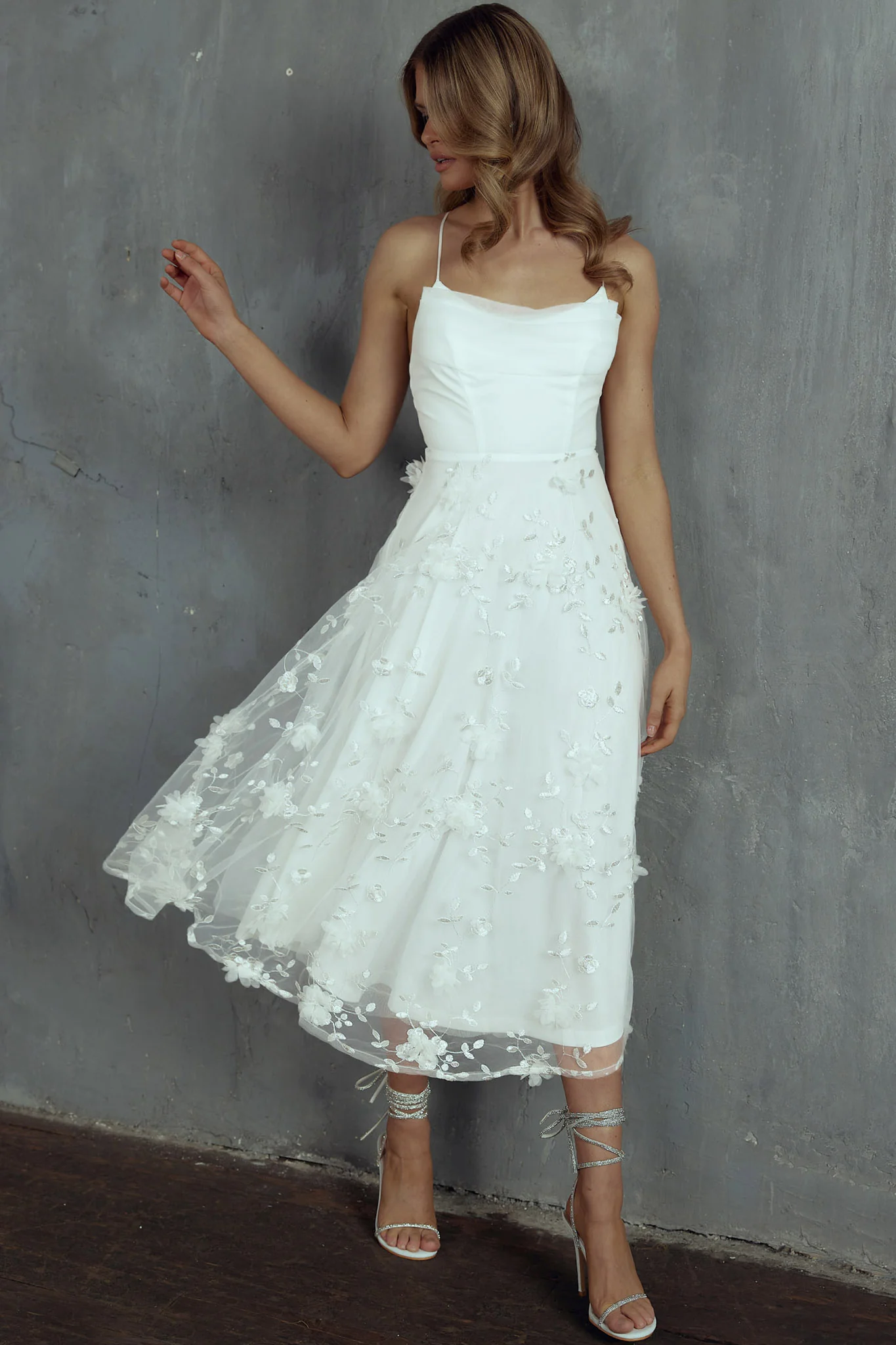 Floating By Pleated Neckline Mesh Midi Dress Embellished White - Image 6