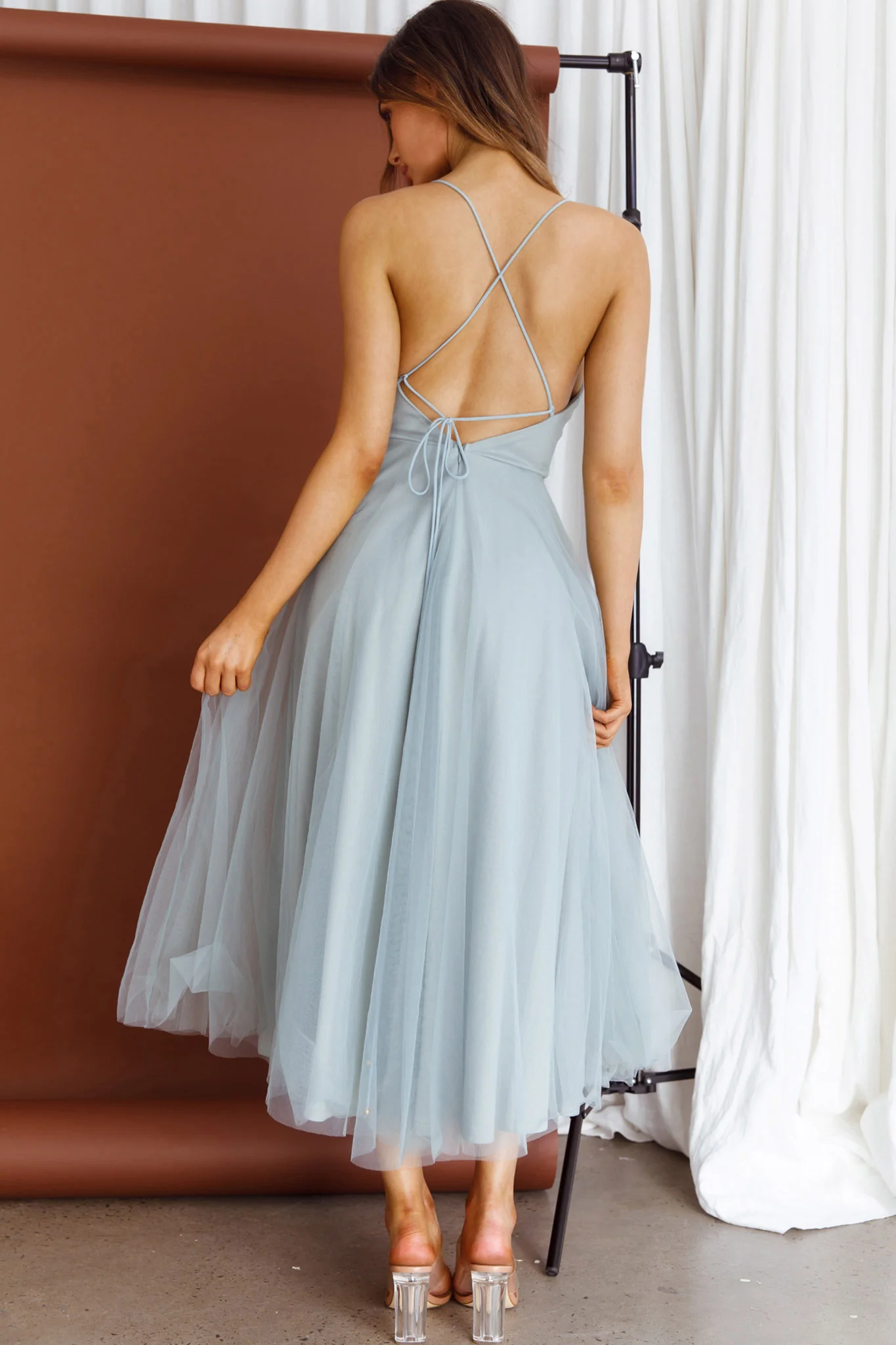 Floating By Pleated Neckline Mesh Midi Dress Sage - Image 2