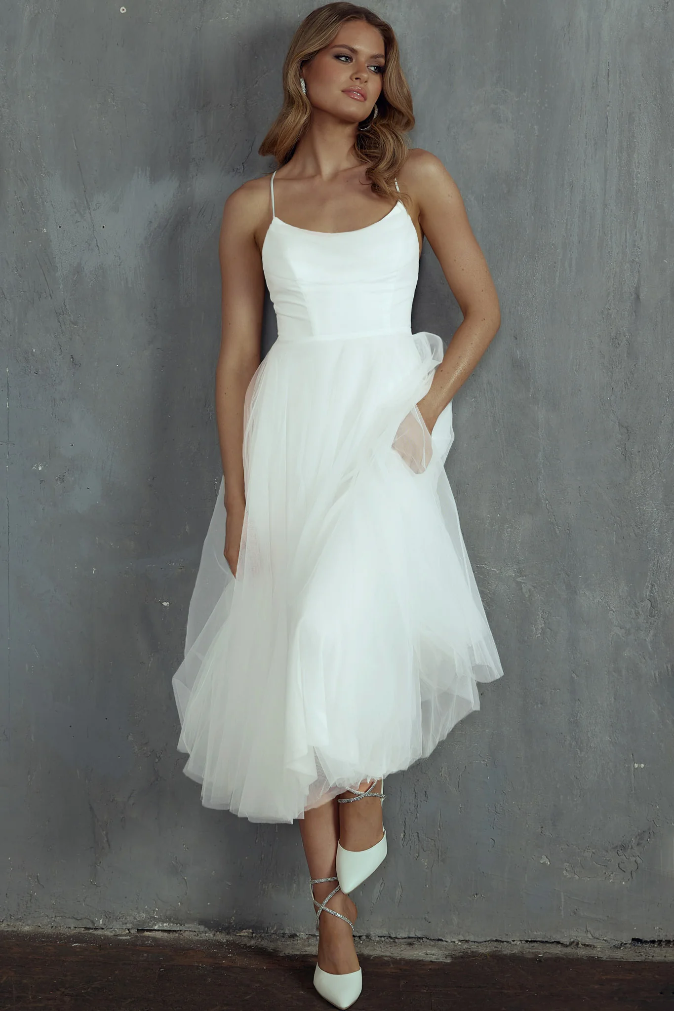 Floating By Pleated Neckline Mesh Midi Dress White - Image 8