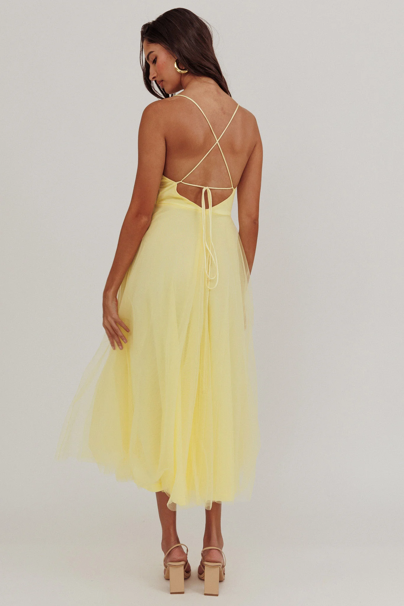 Floating By Pleated Neckline Mesh Midi Dress Yellow - Image 2