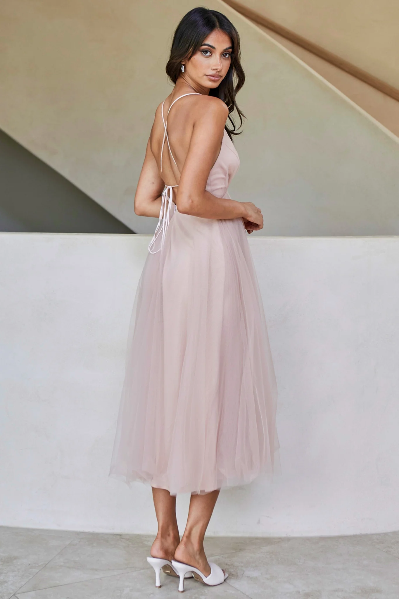 Floating By Plunging Neckline Mesh Overlay Midi Dress Apricot - Image 3