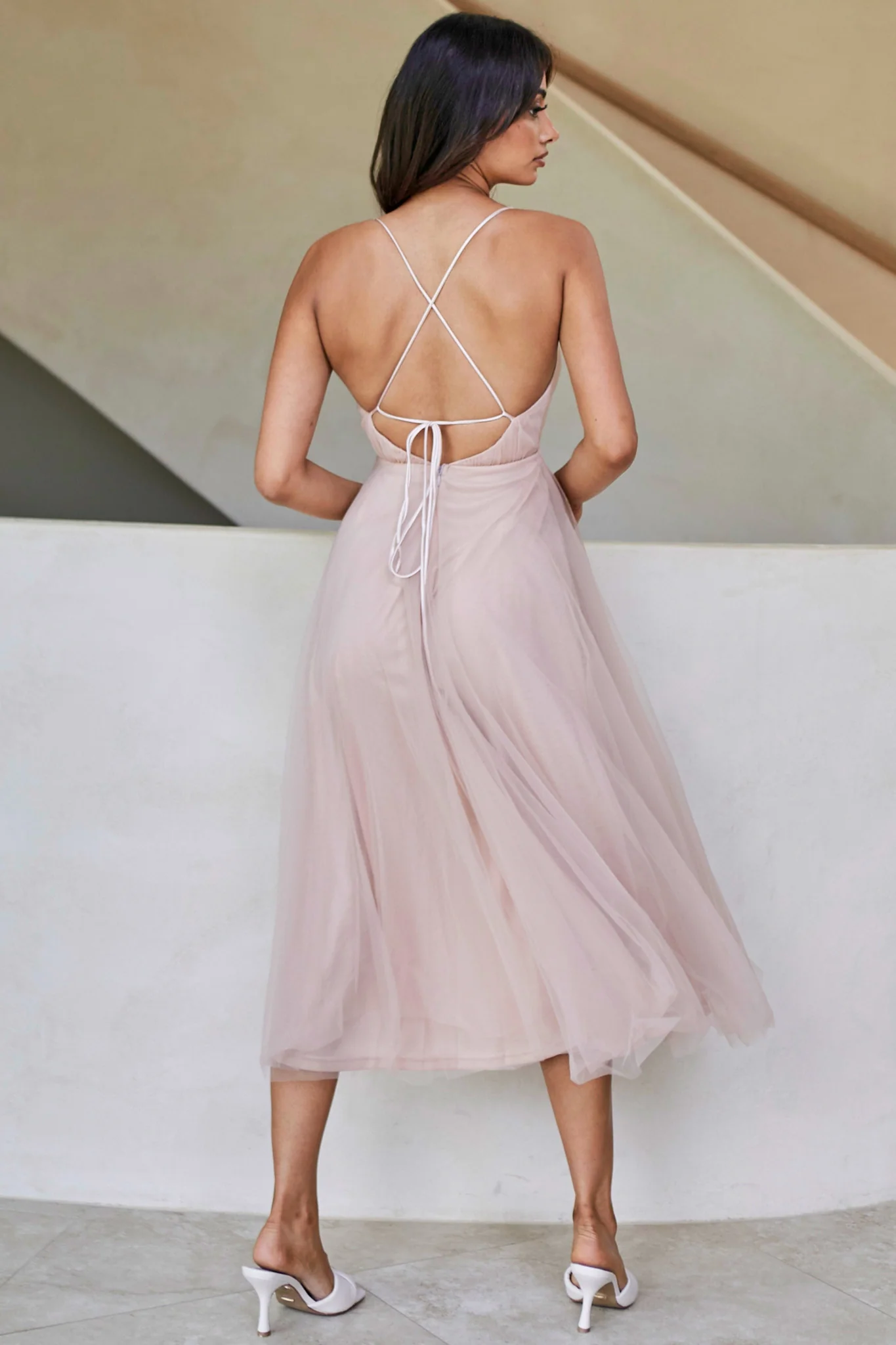 Floating By Plunging Neckline Mesh Overlay Midi Dress Apricot - Image 7