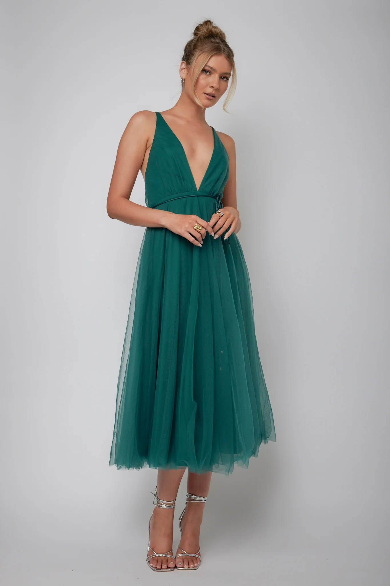 Floating By Plunging Neckline Mesh Overlay Midi Dress Forest Green - Image 3