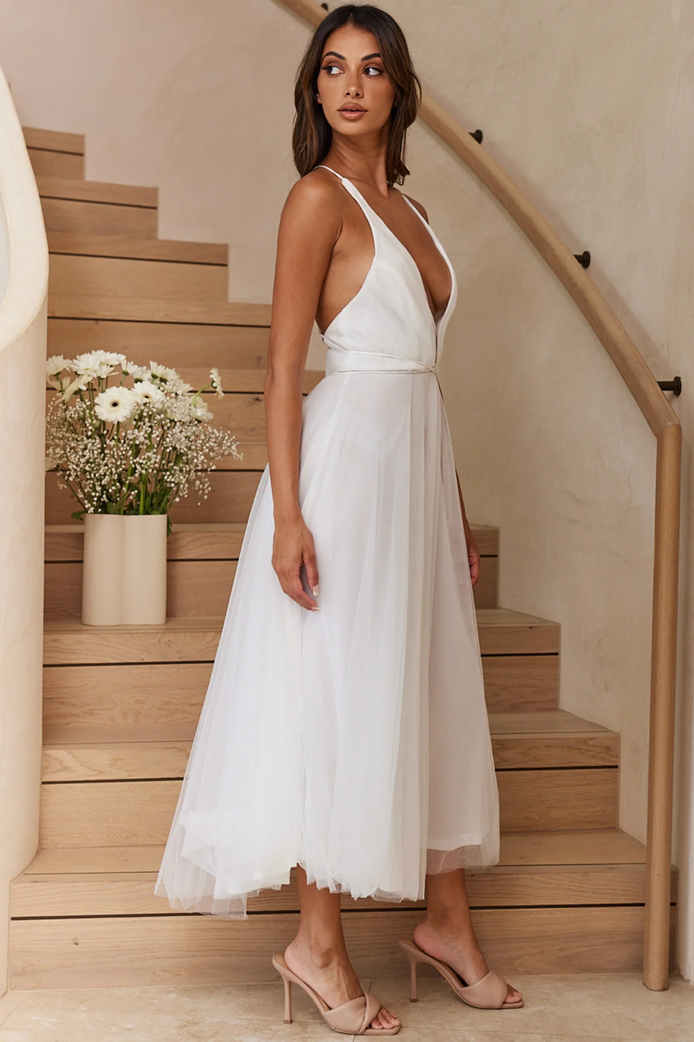 Floating By Plunging Neckline Mesh Overlay Midi Dress White - Image 5