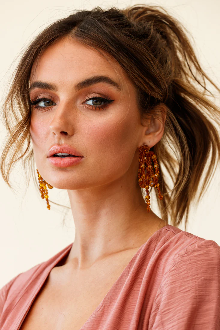 Flora Beaded Bow Earrings Tan - Image 3