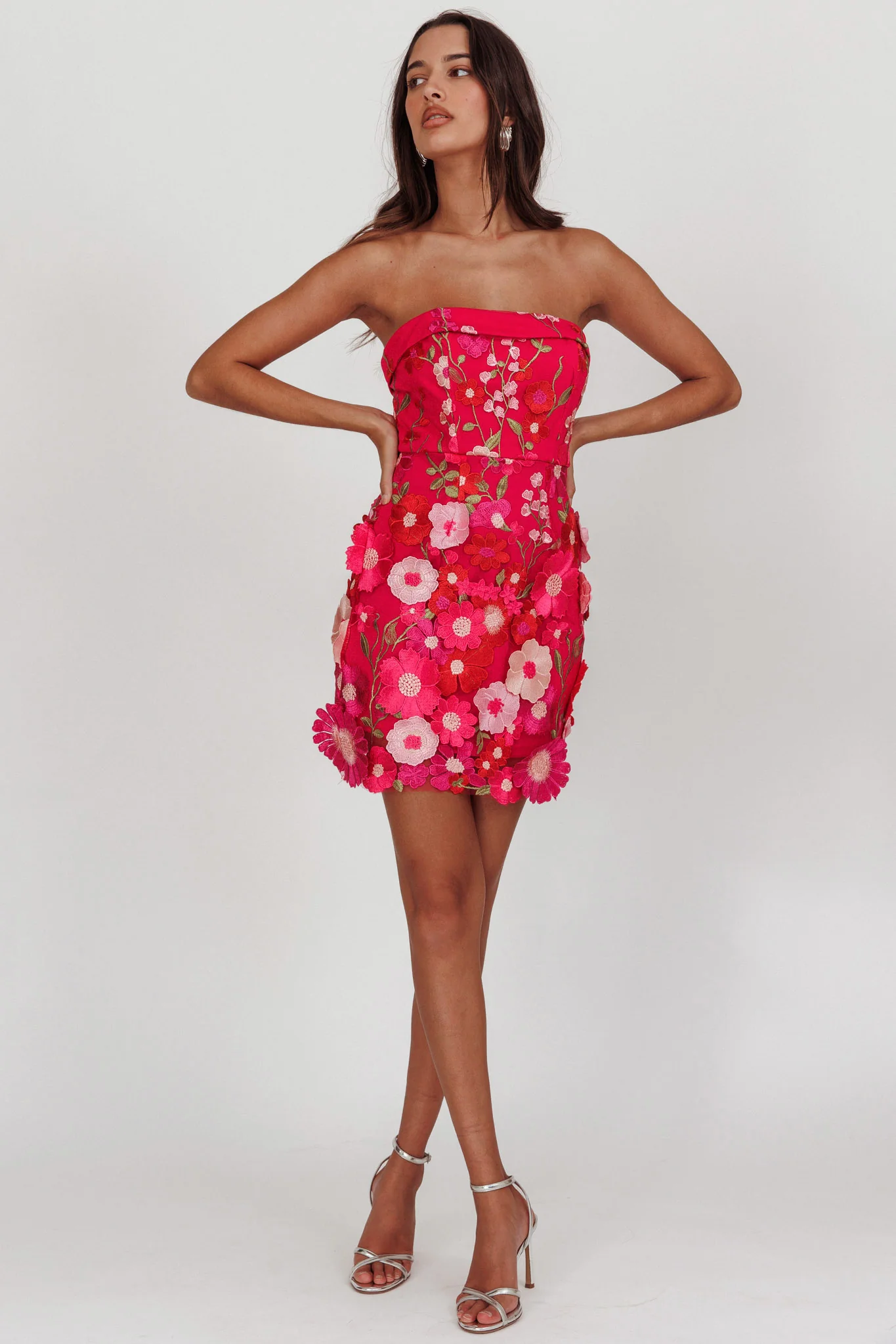 Flora Day Strapless Floral Embellished Mini Dress Fuchsia - Image 4