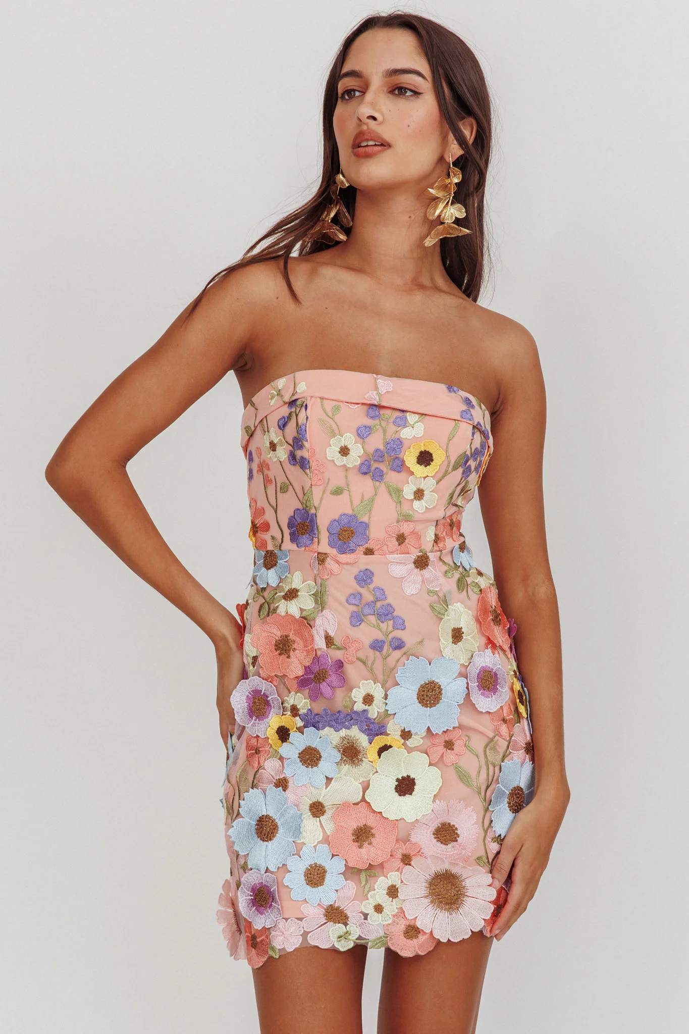 Flora Day Strapless Floral Embellished Mini Dress Pale Pink - Image 6