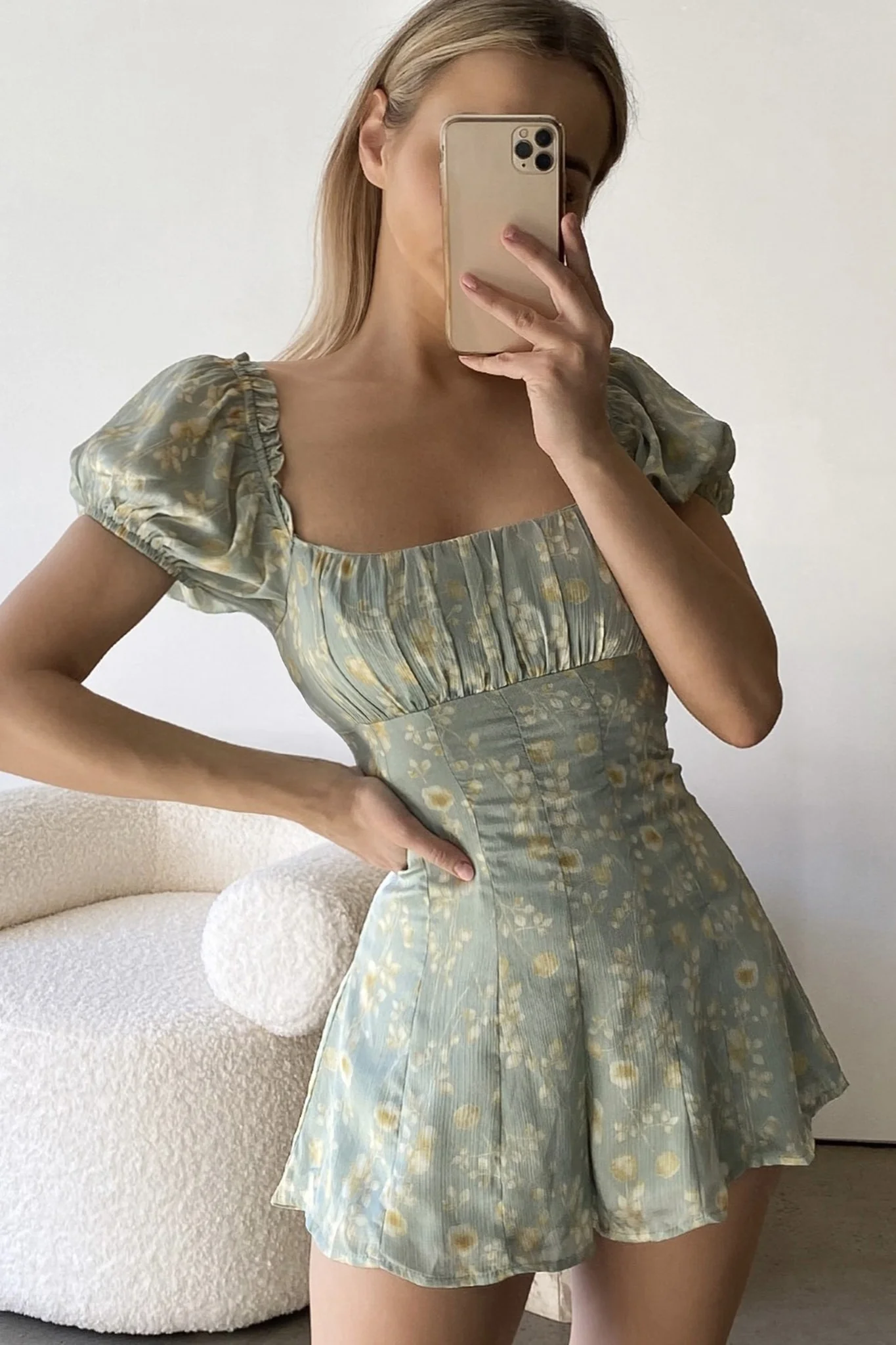 Flora Ruched Bust Puff Sleeve Romper Floral Print Mint - Image 9