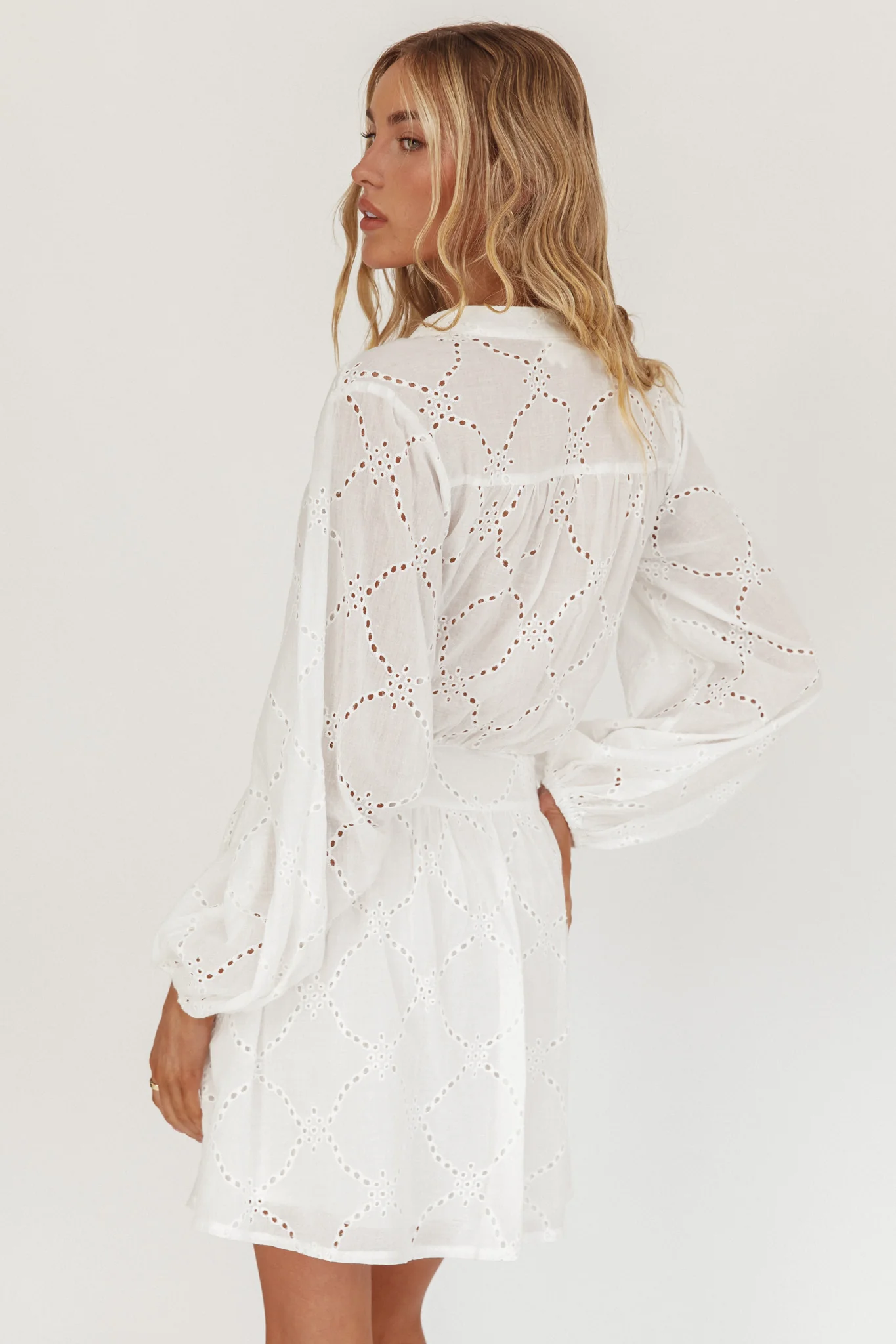 Flossy Eyelet Overlay Tie Mini Dress White - Image 2