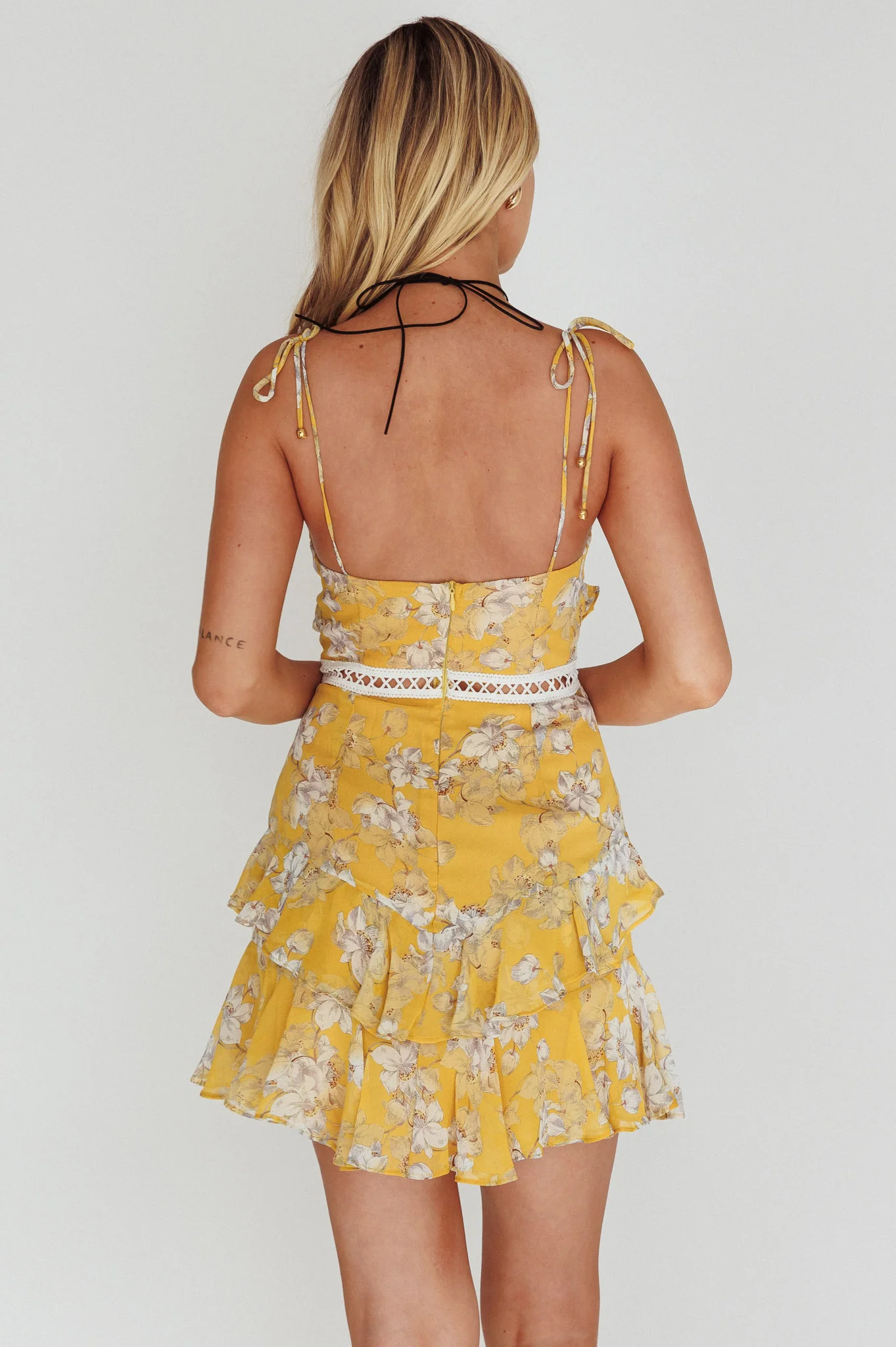 Flower Child Bust Tie Crochet Trim Dress Orchid Print Yellow - Image 2